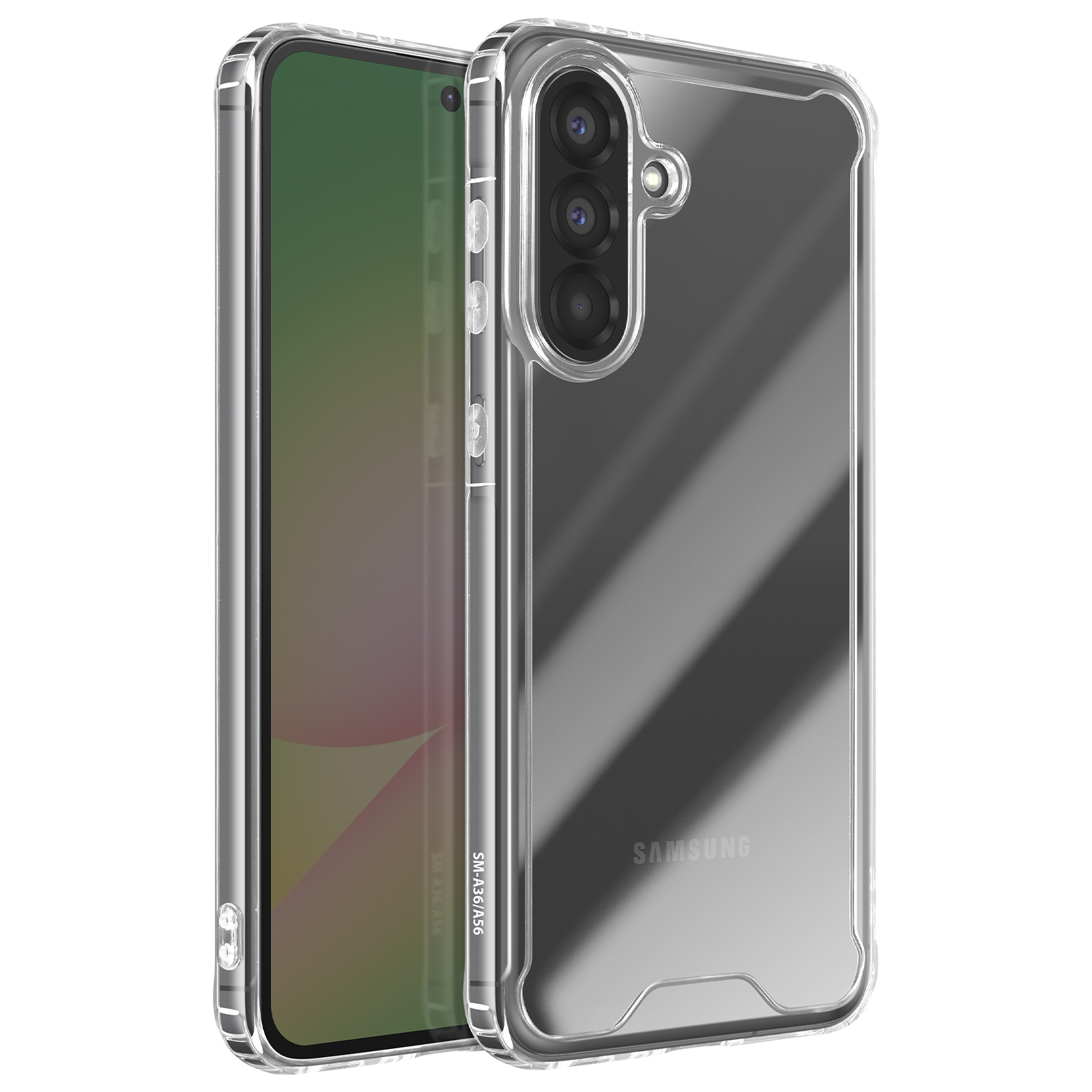 Due custodie trasparenti per telefono, una con uno schermo verde all'interno, che mostra il design di un telefono.