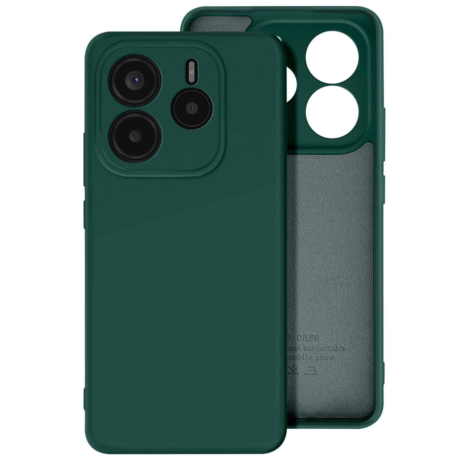 Una custodia verde per telefono. Con protuberanza della fotocamera. La parte interna mostra il retro.