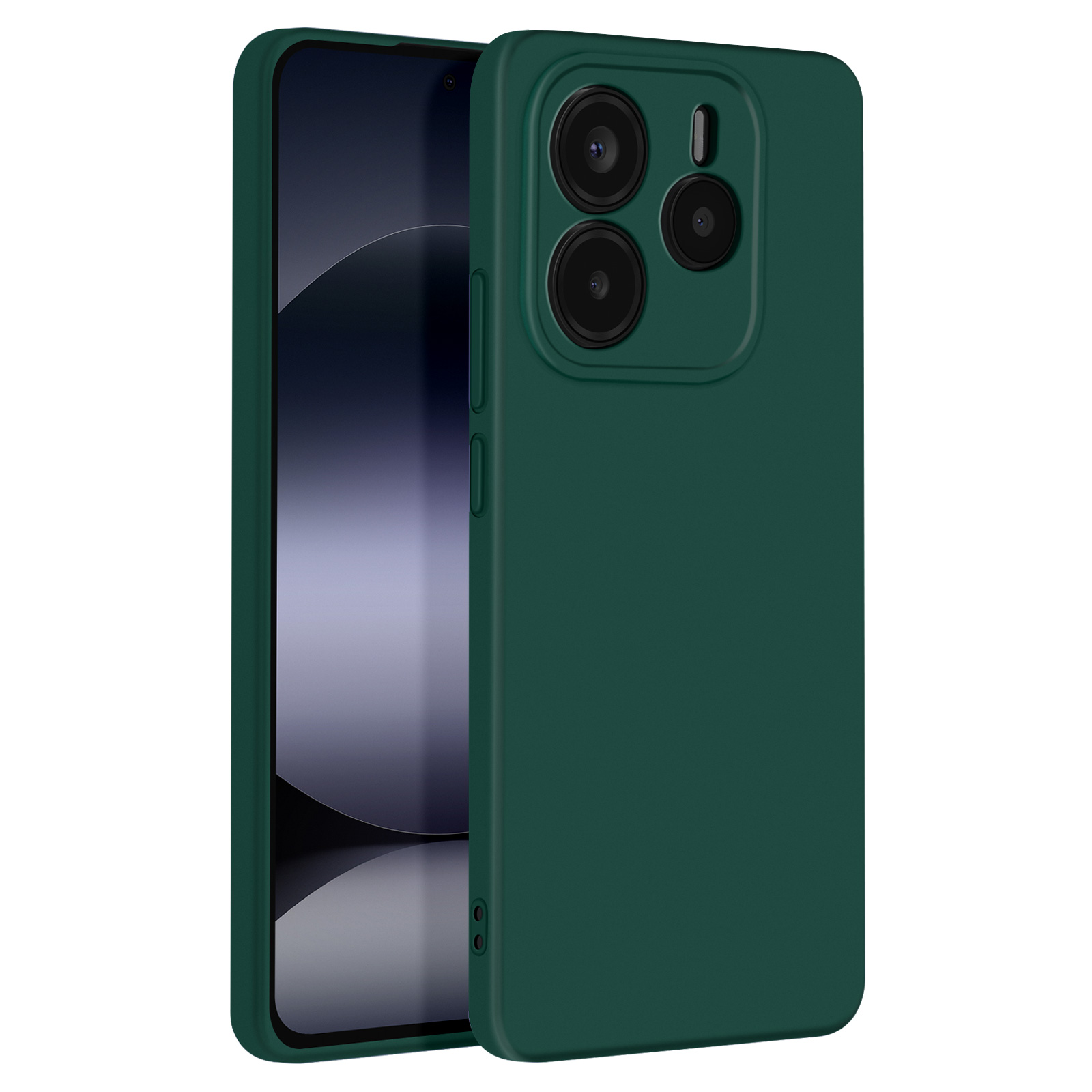 Una custodia per telefono verde scuro. Il telefono ha 3 fotocamere. La custodia è leggermente aperta a sinistra.