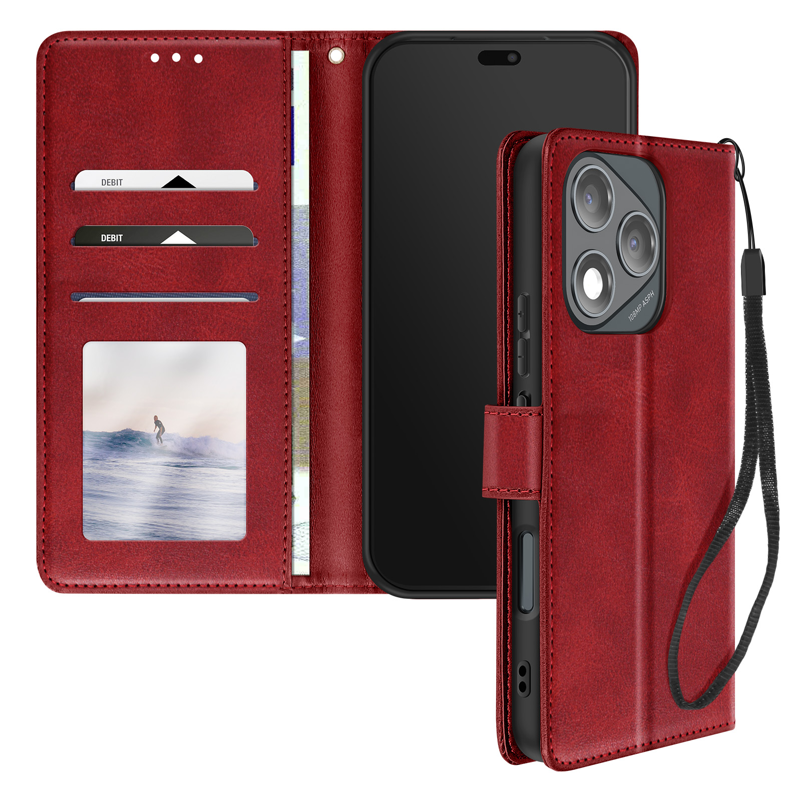 Una custodia rossa per telefono, aperta. Mostra carte, una fattura e il telefono. Con protuberanza della fotocamera e cinturino.