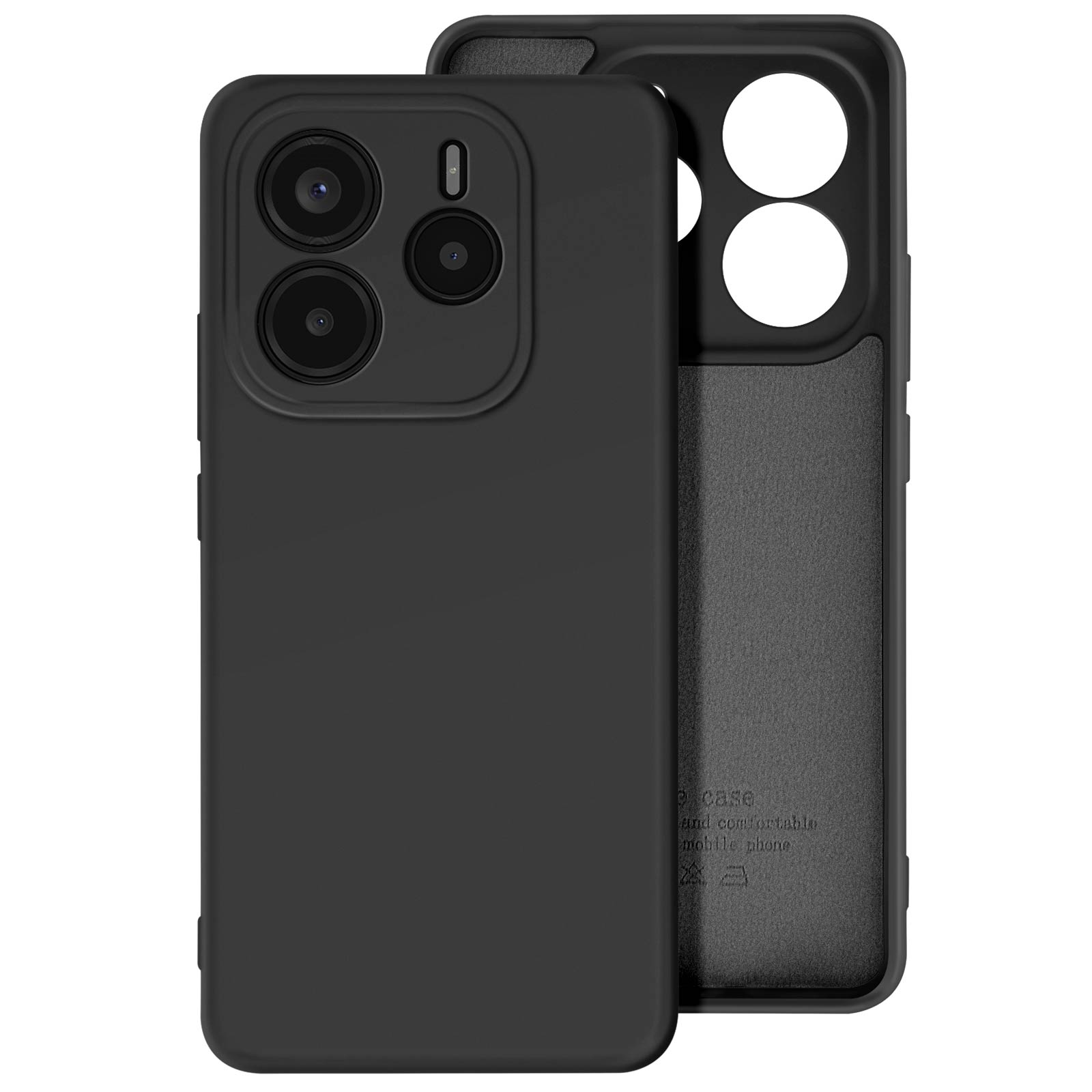 Una custodia nera per telefono. Con protuberanza della fotocamera. La parte interna mostra il retro del telefono.