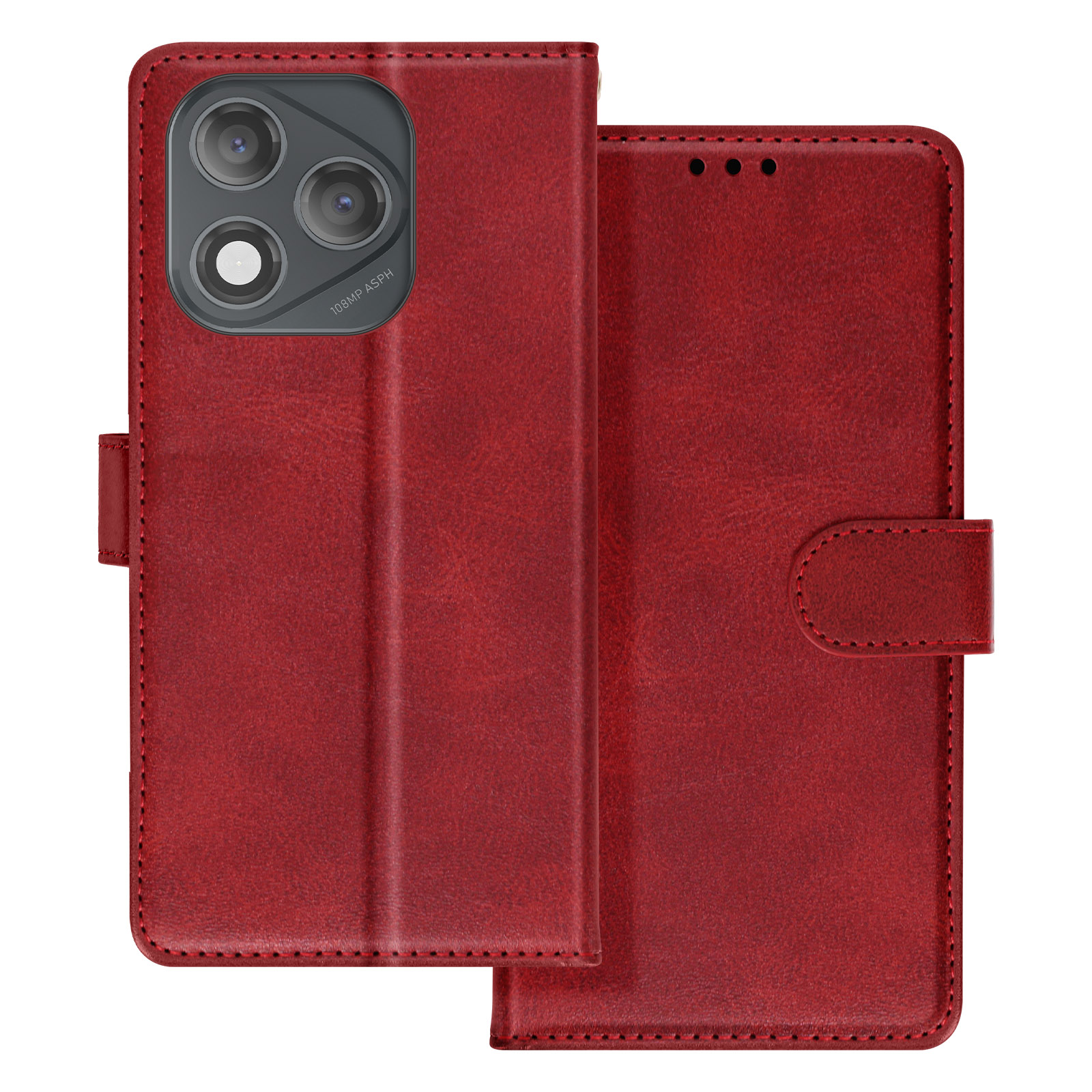 Una custodia rossa per telefono, aperta. Mostra carte, una fattura e il telefono. Con protuberanza della fotocamera.