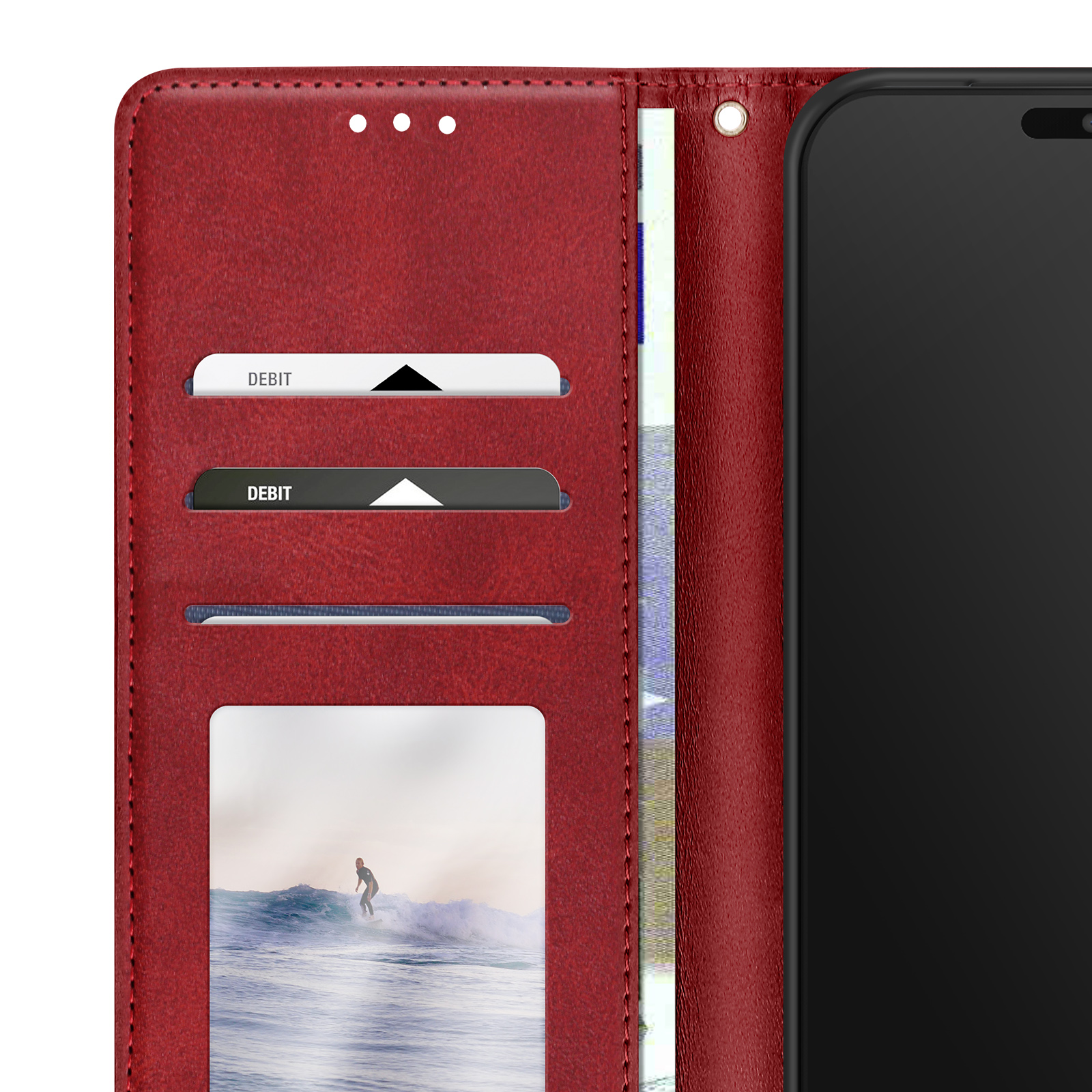Una custodia rossa per telefono, aperta. Mostra carte, una fattura e una vista dello schermo. Con protuberanza della fotocamera.