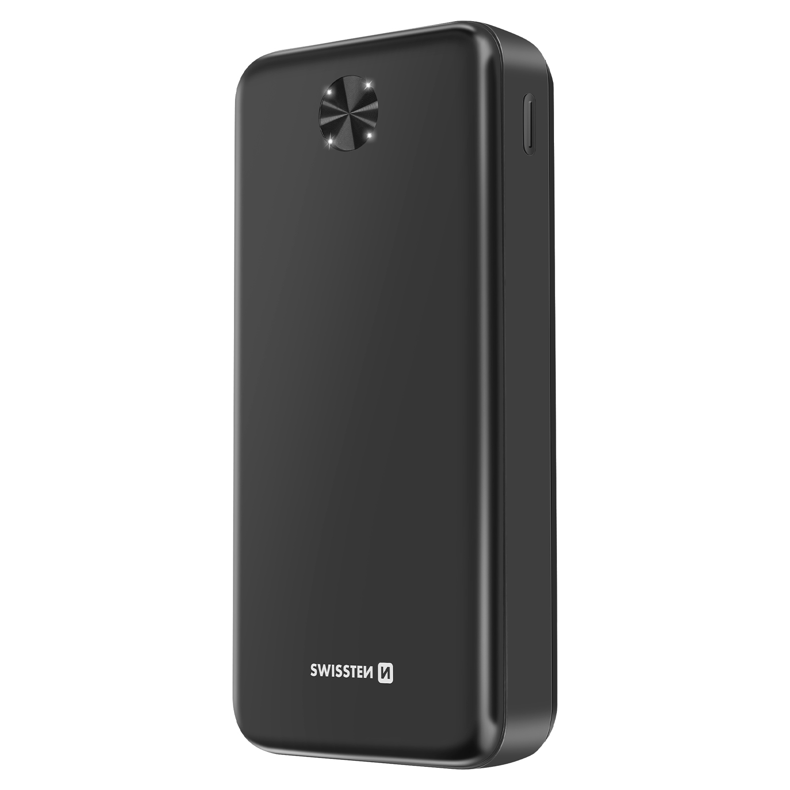 Schwarze Powerbank mit Licht. Der Markenname ist sichtbar. Zeigt ein schlankes, rechteckiges Design.