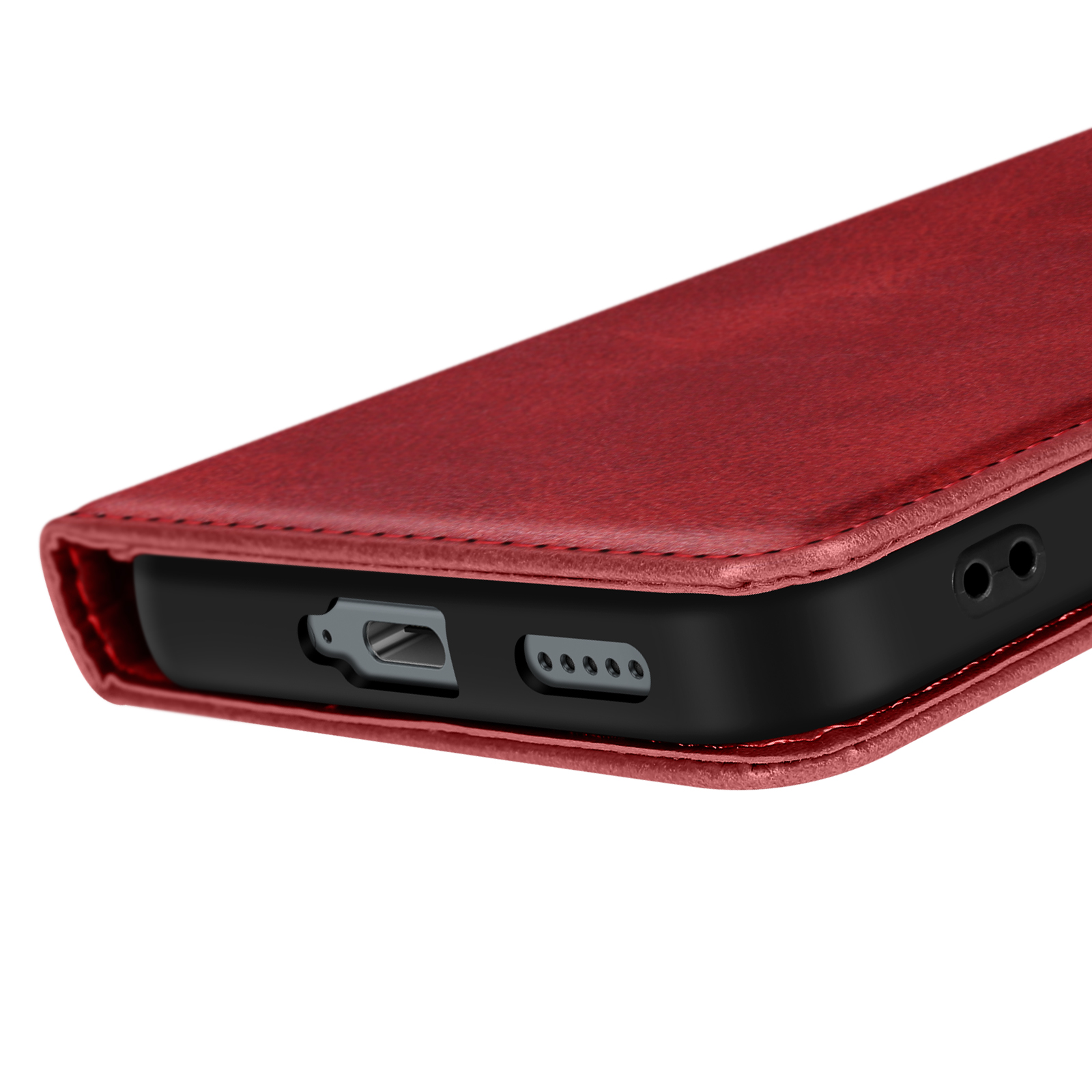 Primo piano di una custodia per telefono rossa con un telefono nero all'interno.