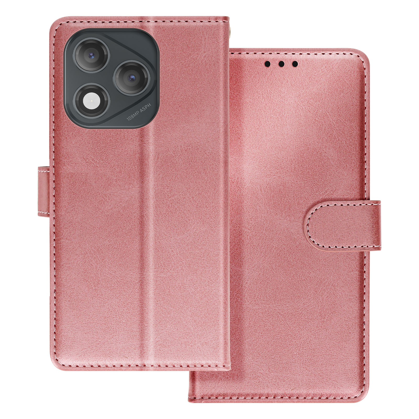 Custodia per telefono rosa, aperta. Il telefono è all'interno. Mostra le lenti della fotocamera e il retro del telefono.