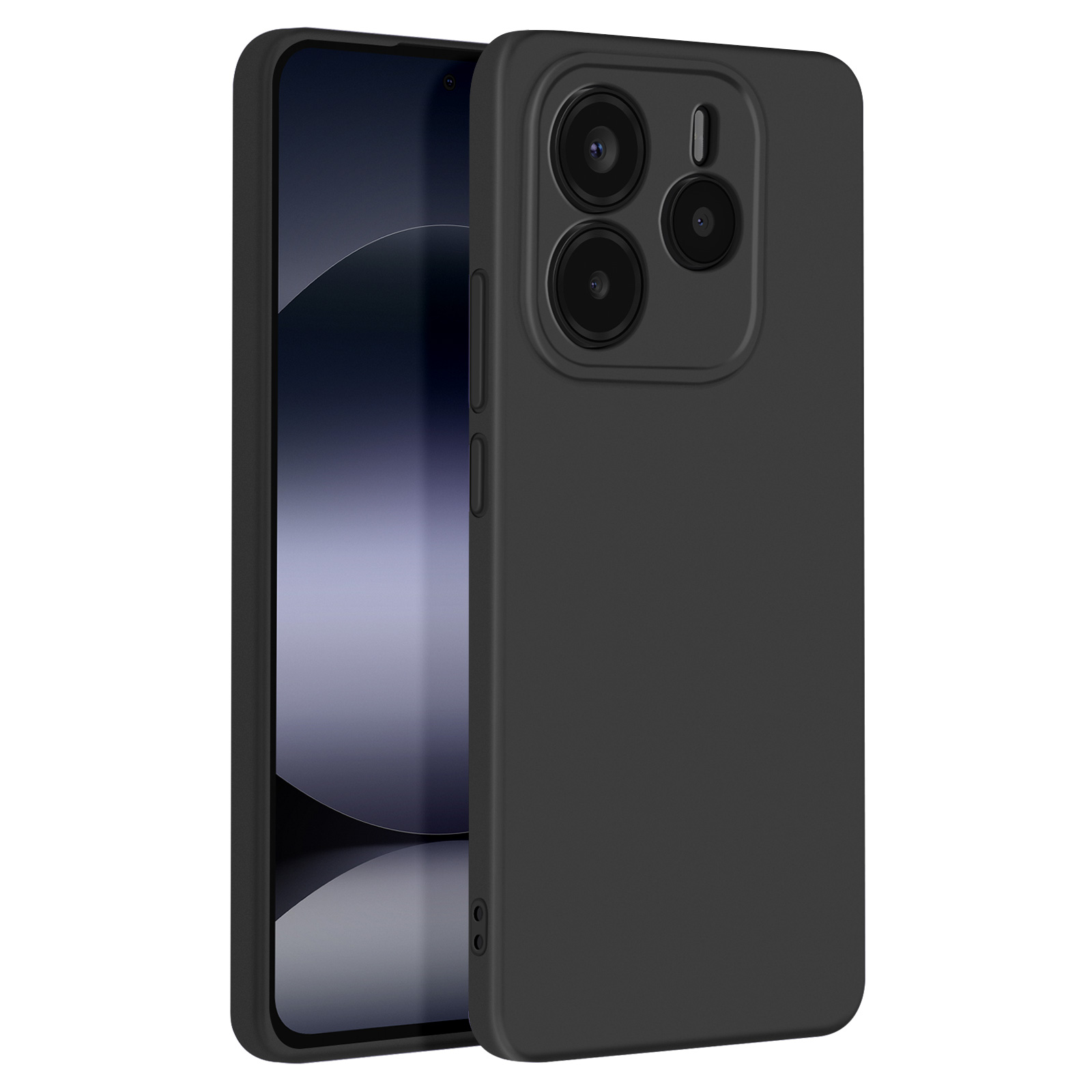 Telefono nero in una custodia nera. Mostra le lenti della fotocamera. La custodia sembra essere di gomma.