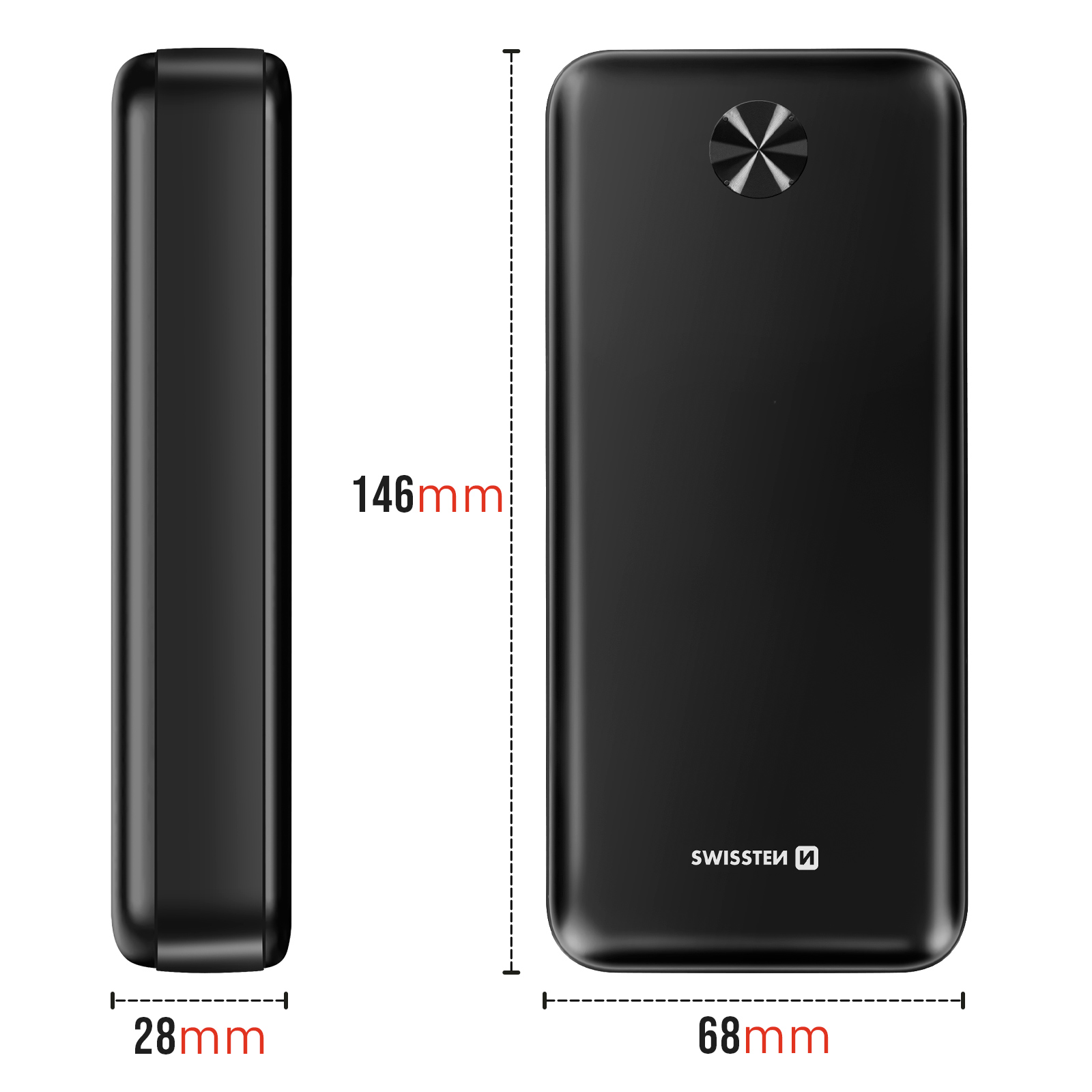 Schwarze Powerbank mit Abmessungen. Zeigt die Seiten- und Vorderansicht mit Maßen in mm.