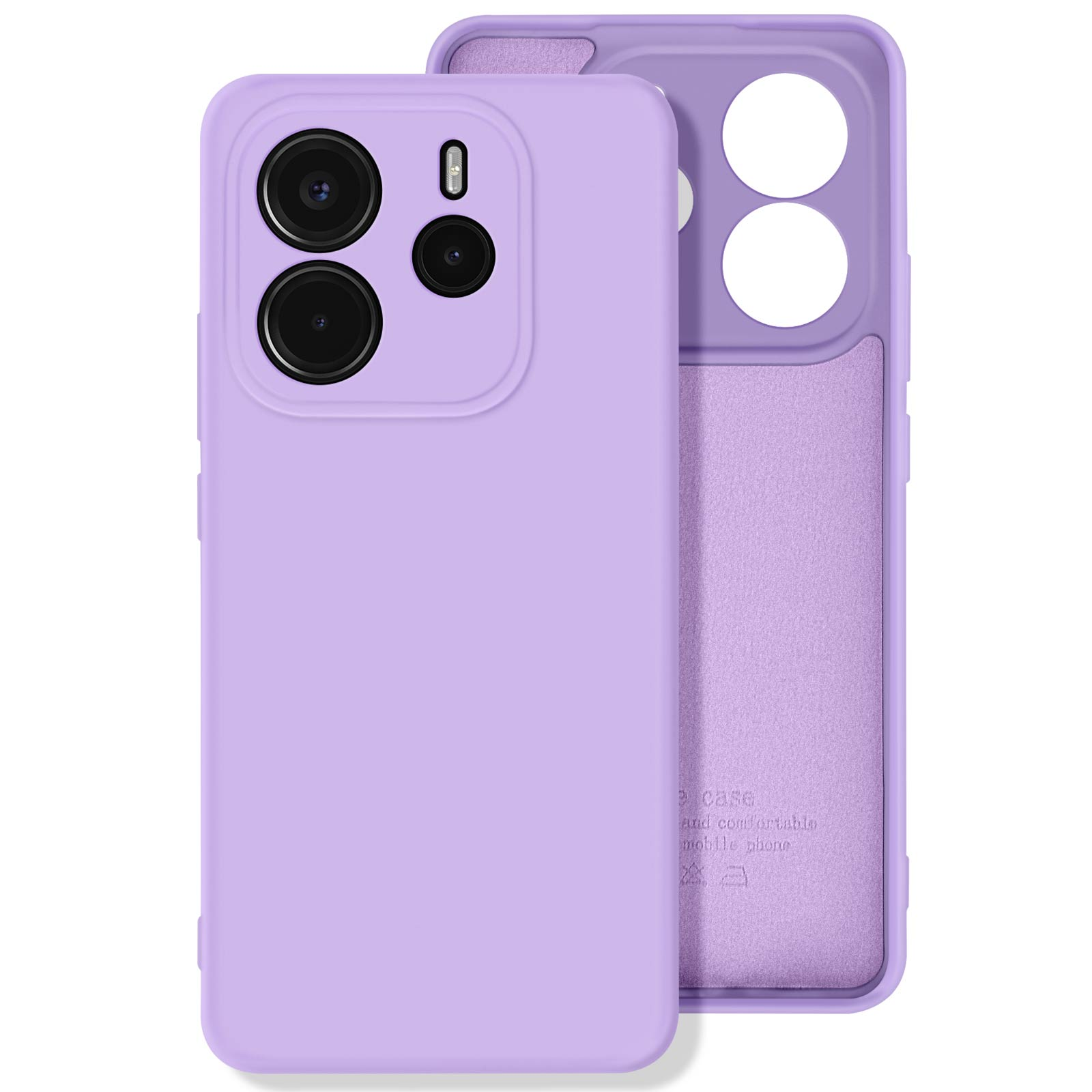 Custodia per telefono viola chiaro con un ritaglio per la fotocamera. La custodia è solida e strutturata.