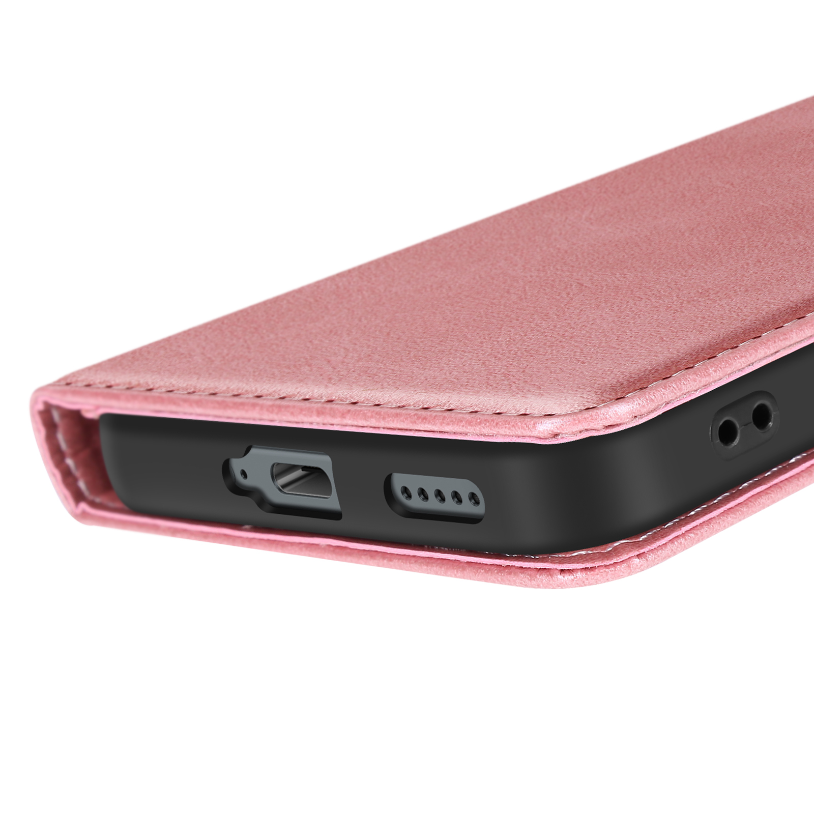 Un primo piano di una custodia rosa, che mostra la parte inferiore con una porta di ricarica.