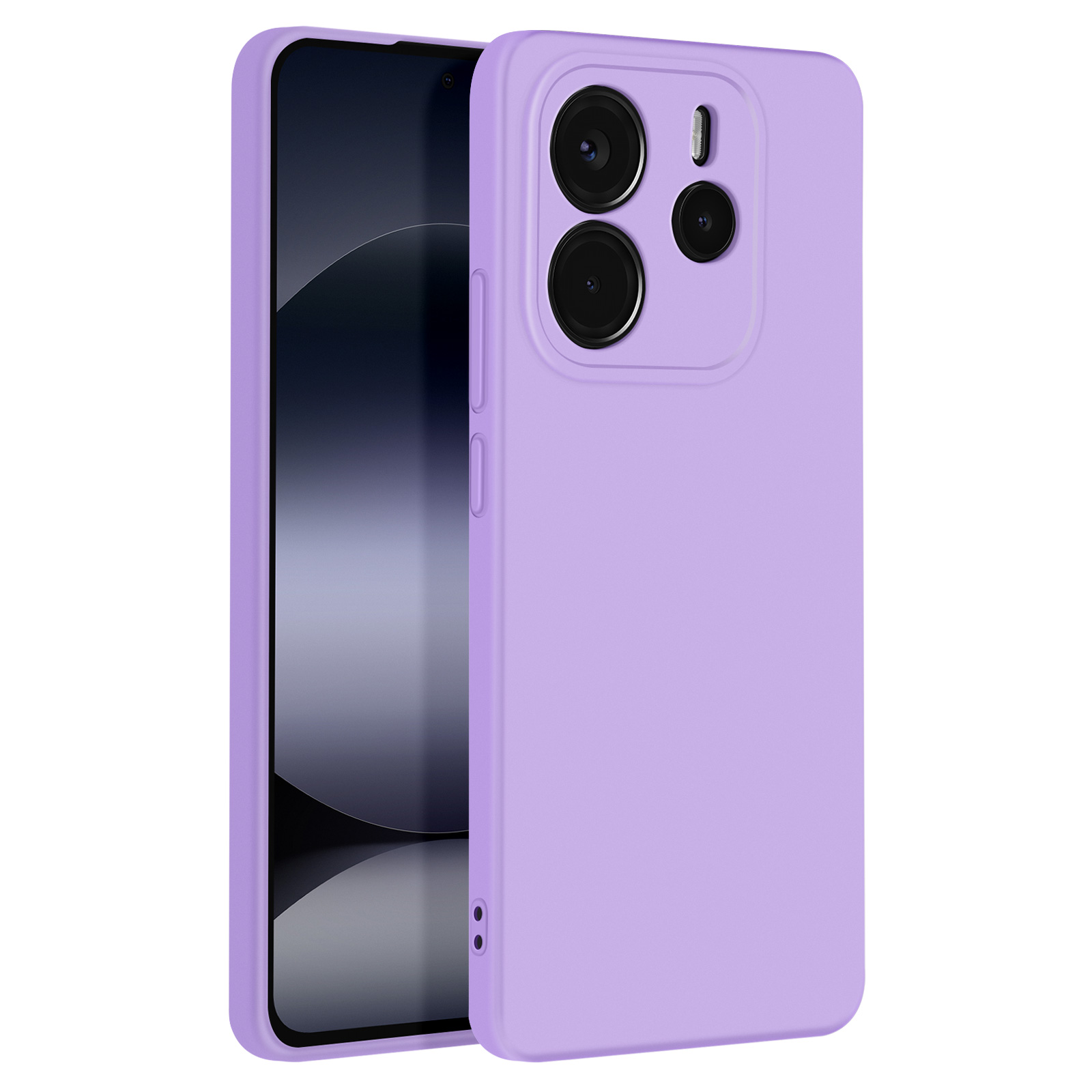 Custodia per telefono viola con ritagli per la fotocamera sul retro. La custodia è su sfondo bianco.