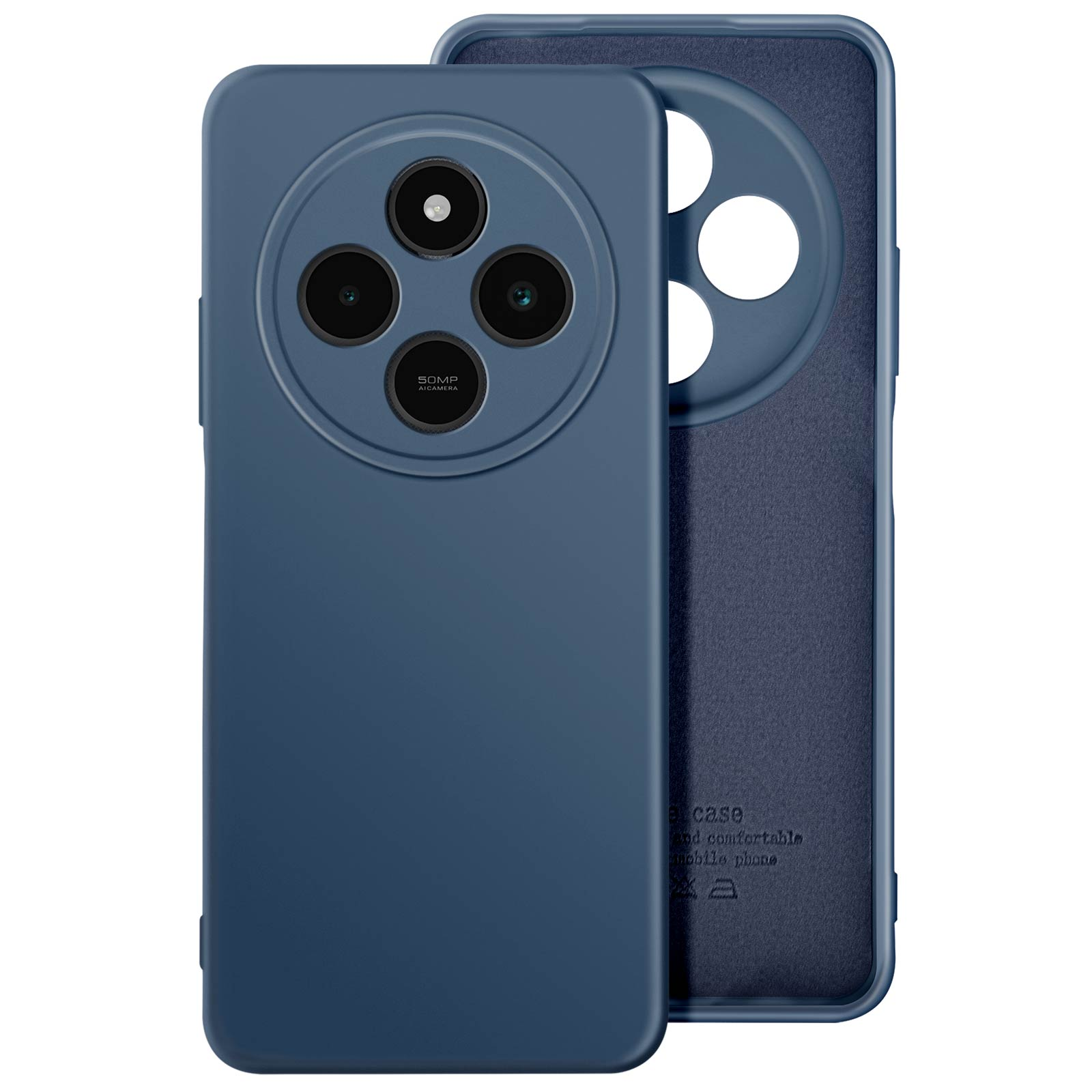 Una custodia per telefono blu scuro con un ritaglio per la fotocamera. Ha tre obiettivi e una trama liscia.