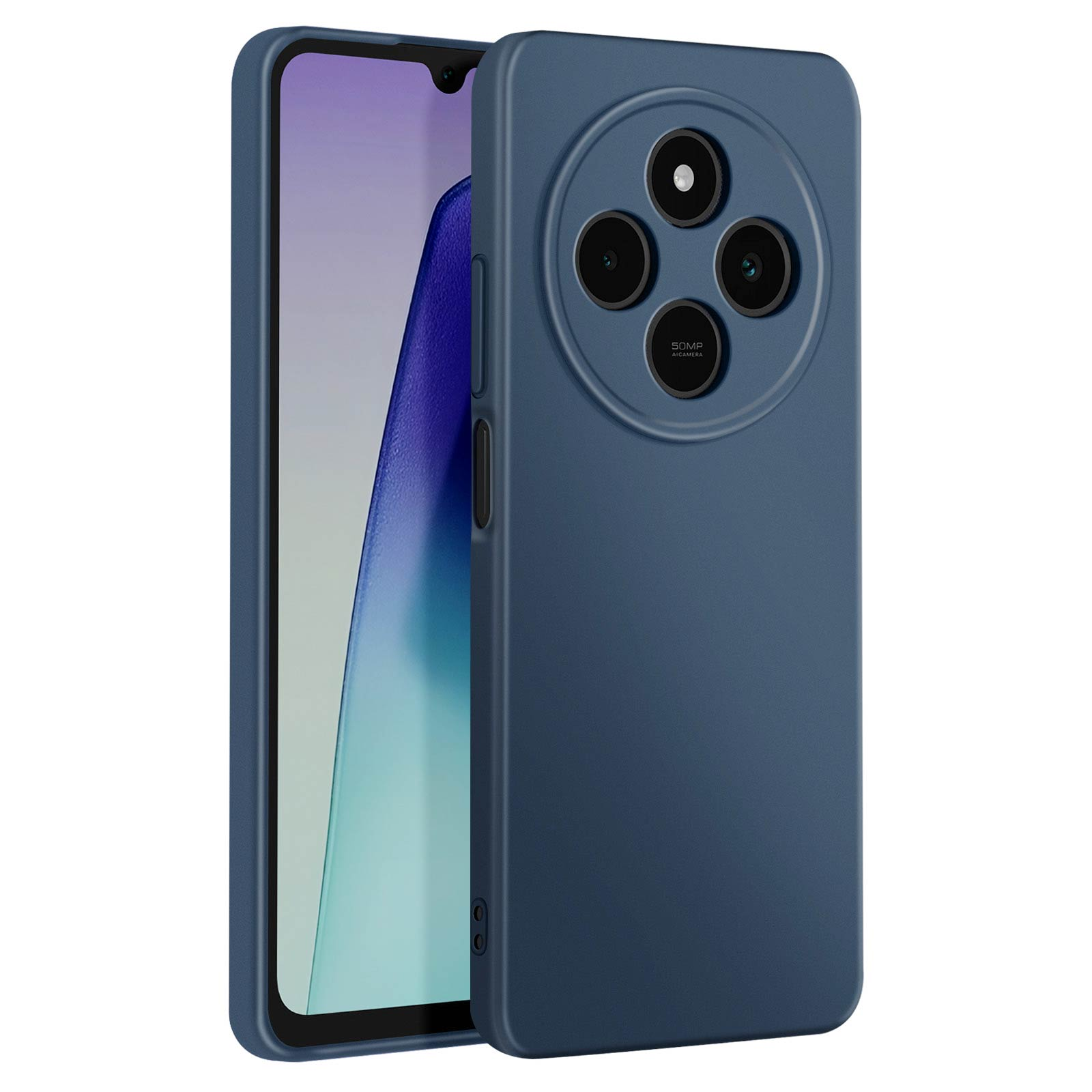 Custodia blu per telefono con modulo fotocamera circolare. Tre lenti visibili. Schermo curvo.
