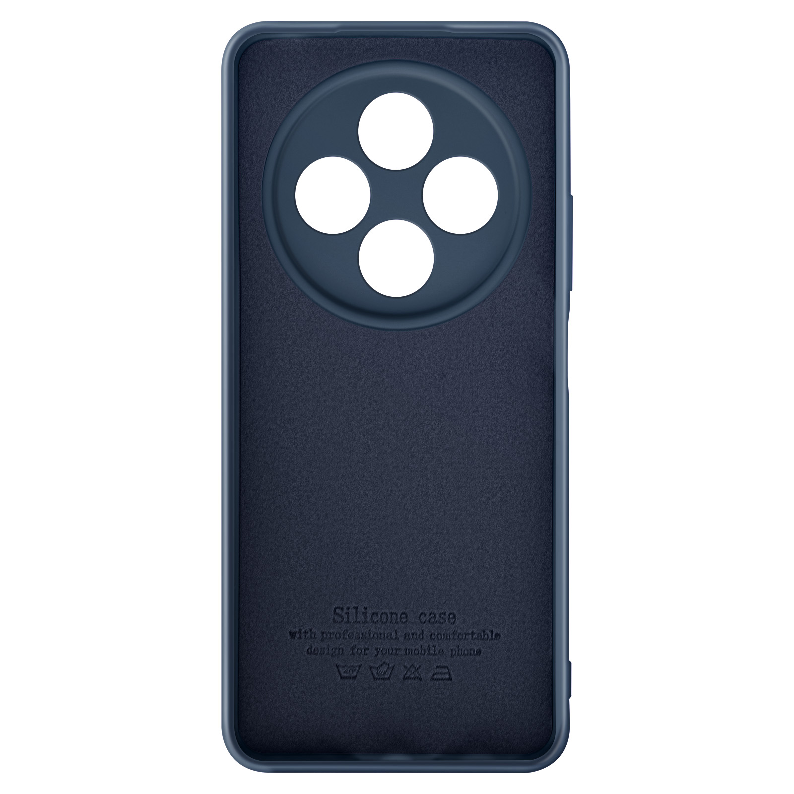 L'interno di una custodia per telefono blu navy con testo: 'Custodia in silicone con design professionale'.