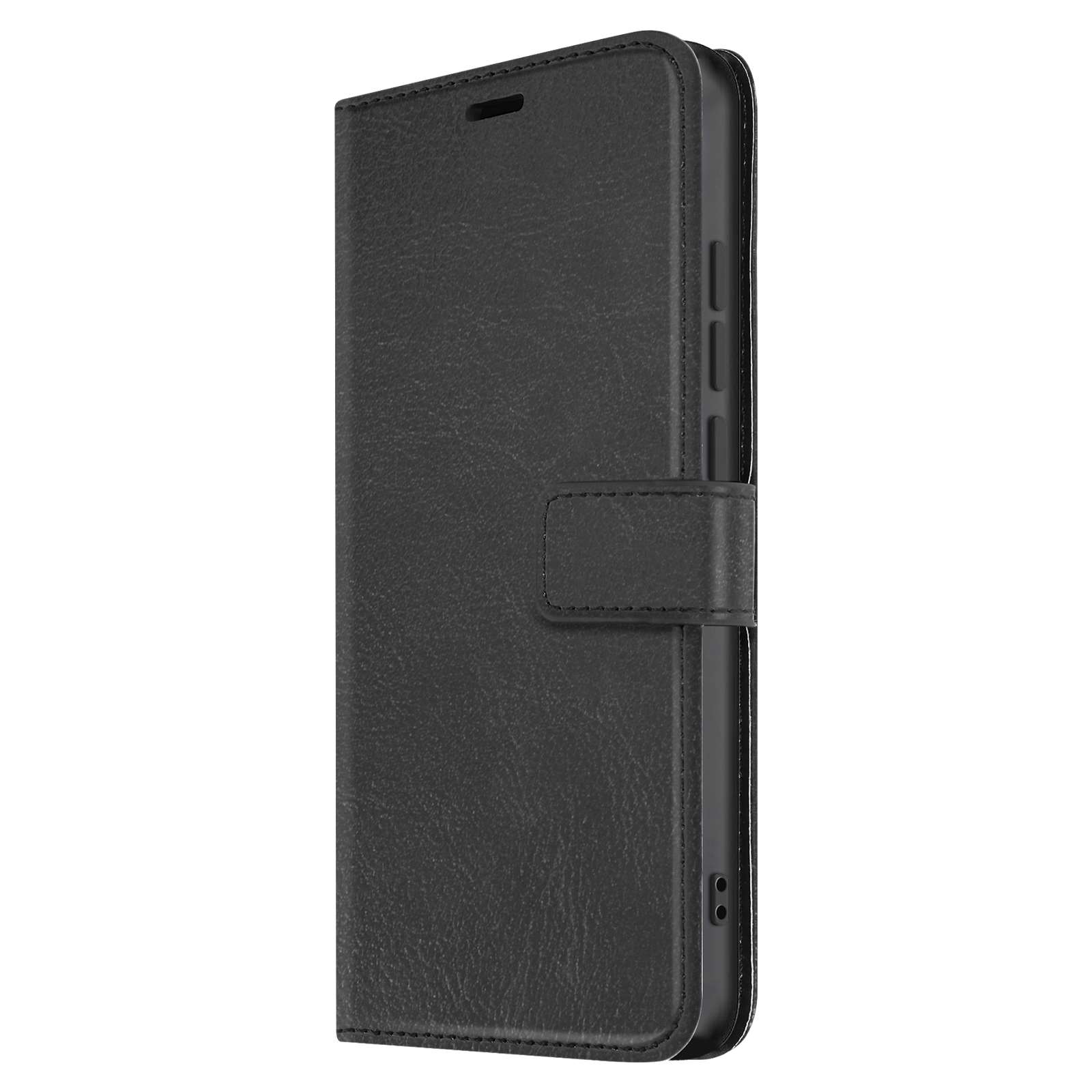 Custodia per telefono in pelle nera con chiusura magnetica. La custodia è chiusa.