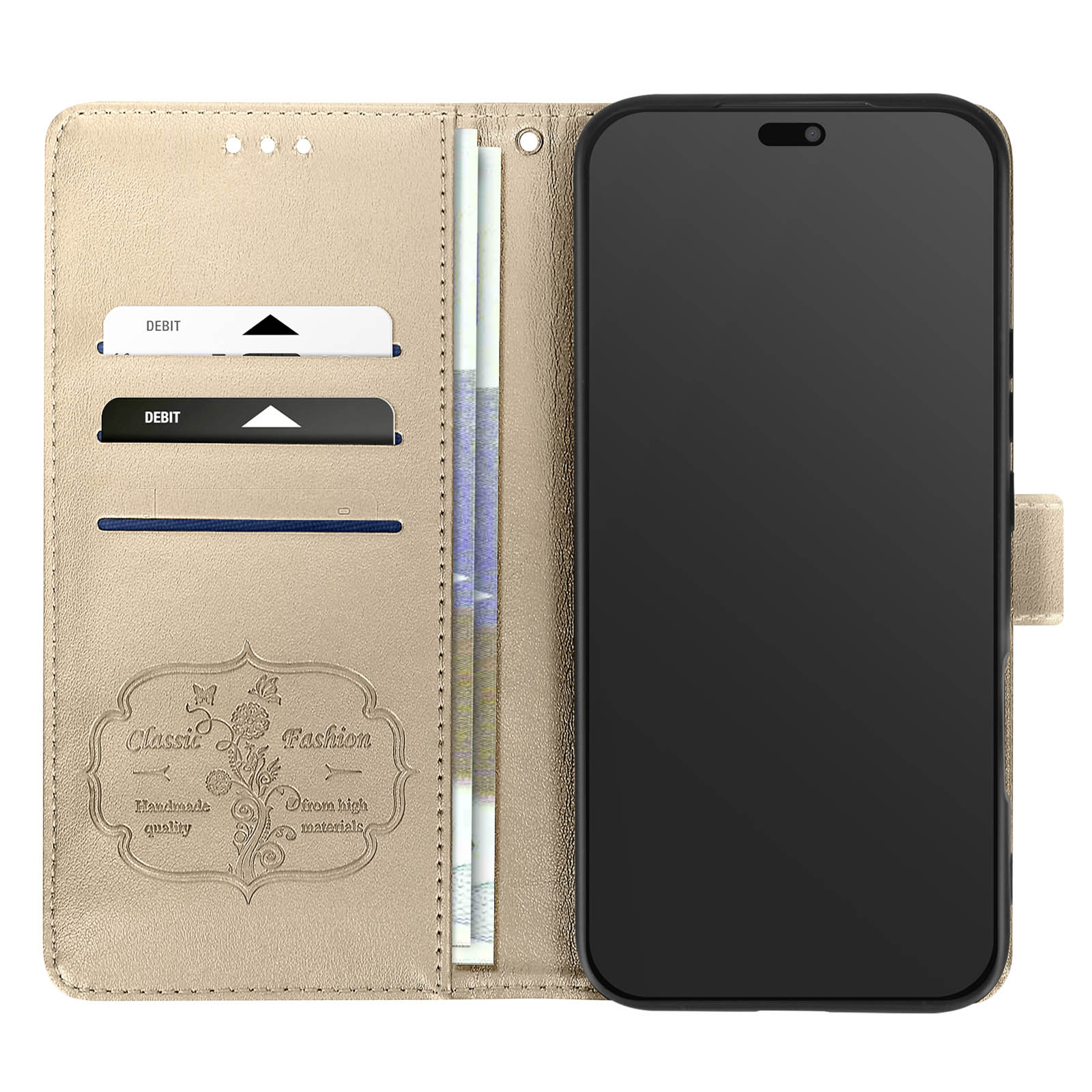 Custodia dorata con carte, denaro e un telefono nero all'interno.
