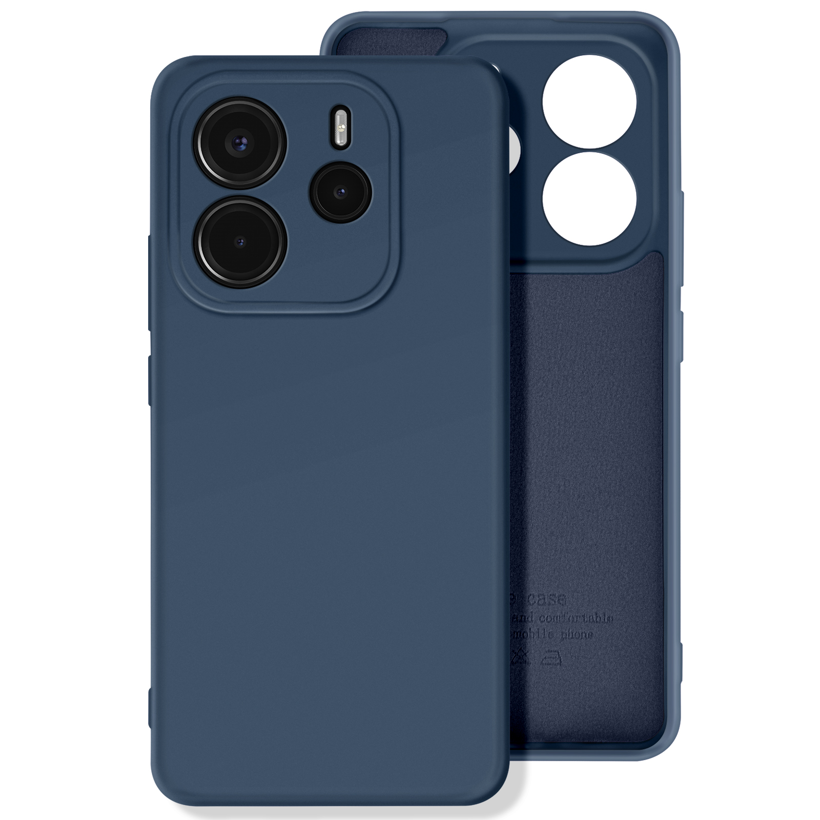 Custodia blu scuro per telefono con il telefono all'interno. È una custodia a tinta unita con area fotocamera.