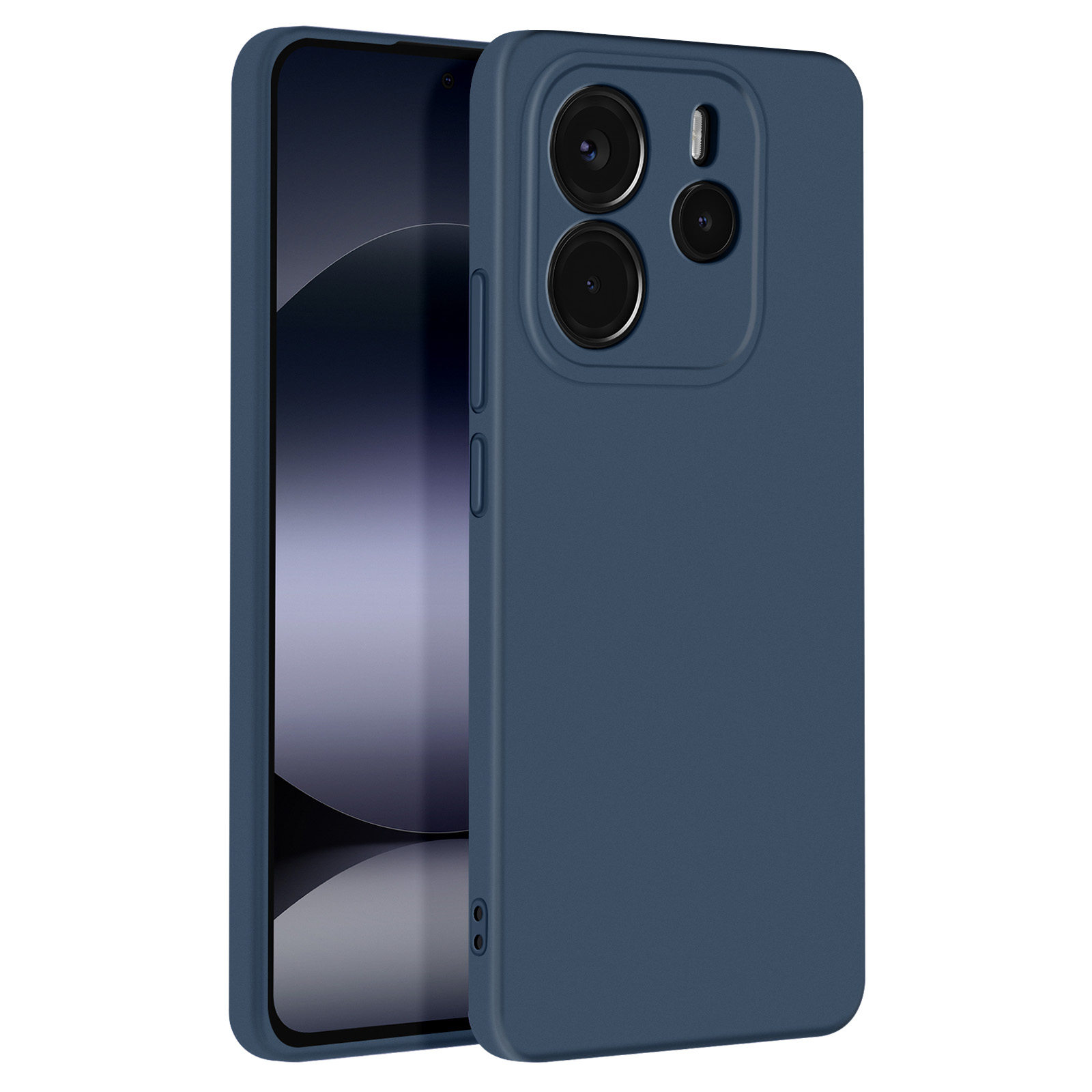 Custodia blu per telefono con tre ritagli per fotocamera, accanto a un telefono. Sfondo bianco.