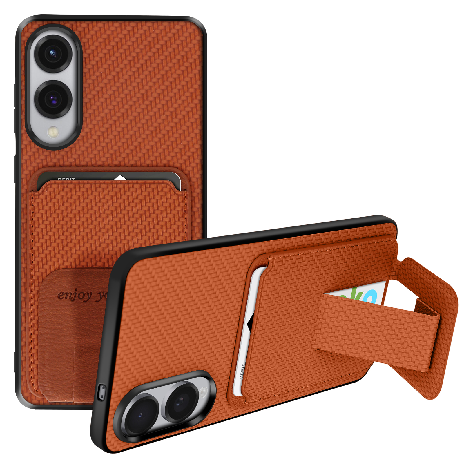 Due custodie marroni per telefono con fessure per carte. Una in posizione verticale, l'altra angolata. Entrambe hanno una trama intrecciata e aree nere per la fotocamera.