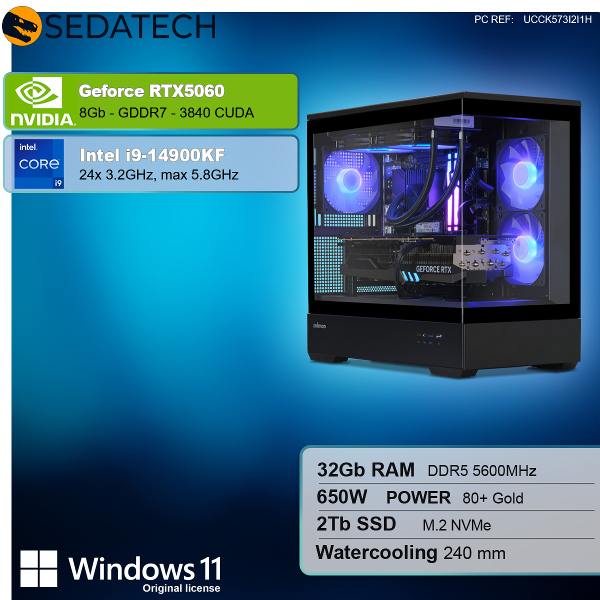 Un case con pannello in vetro, componenti interni luminosi e monitor con specifiche.