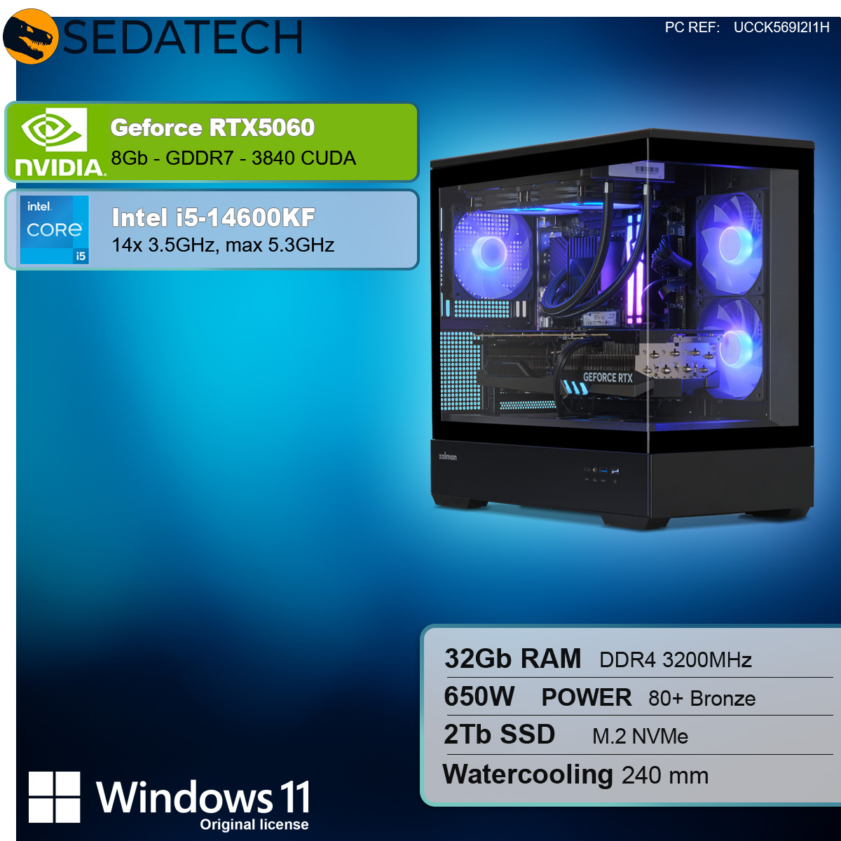 Case PC con componenti, testo sui componenti a sinistra.