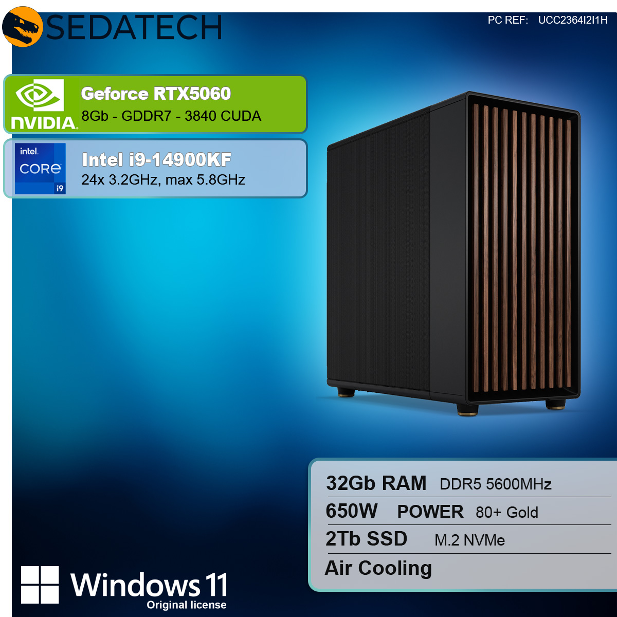 Ein schwarzes Computergehäuse mit braunen vertikalen Lamellen, ein grünes Nvidia-Label und unten aufgeführte Spezifikationen.