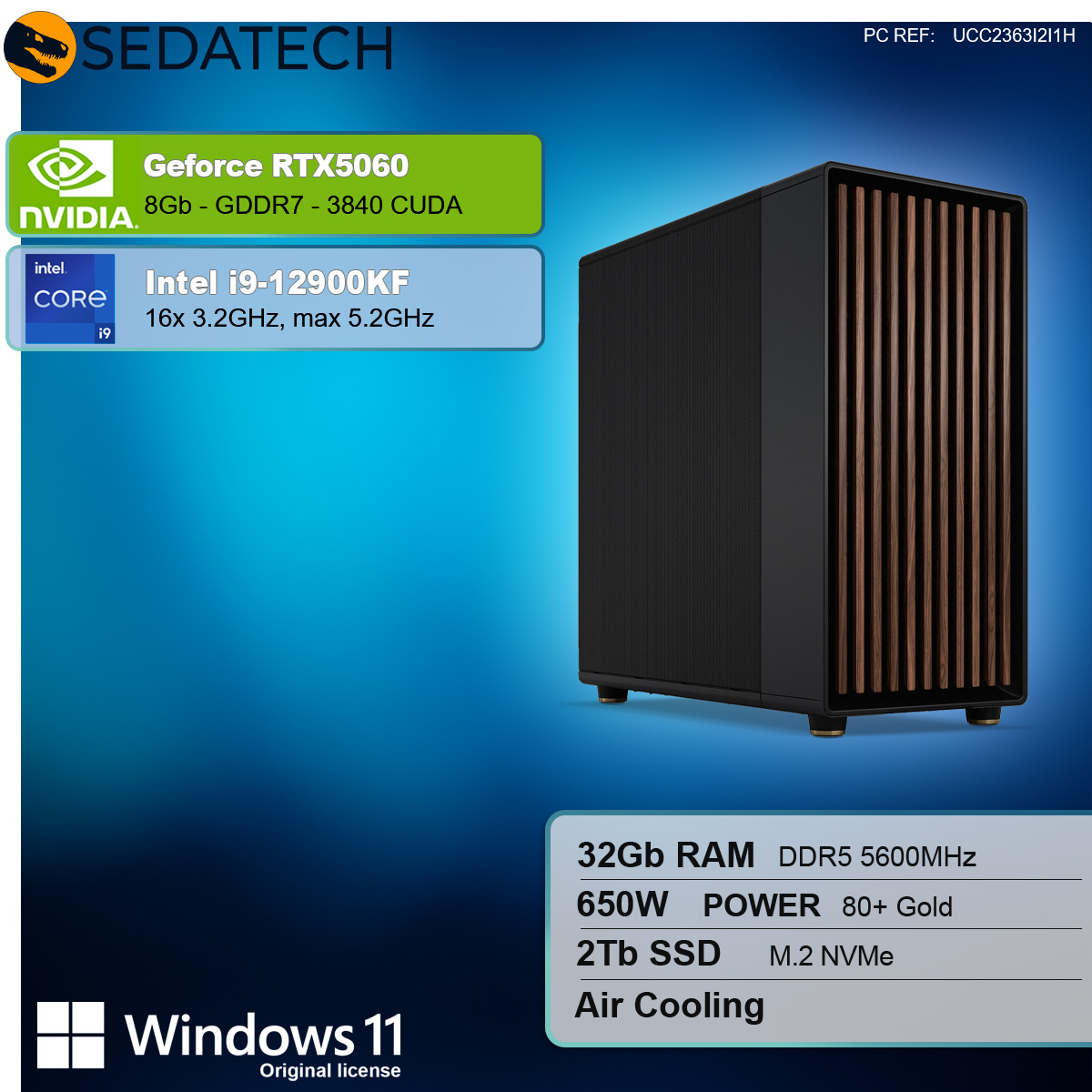 Case PC nero con accenti marroni, scheda NVIDIA GeForce, processore Intel i9 e altri componenti.