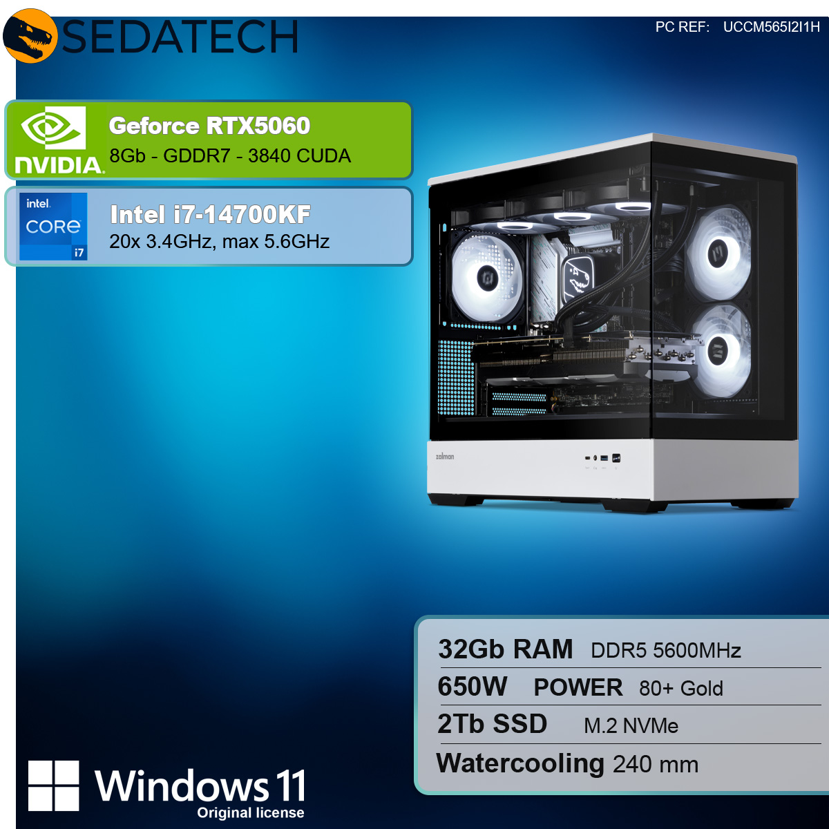 Desktop-Computer mit Spezifikationsfeld. Weißes und schwarzes Gehäuse mit weißer Beleuchtung.