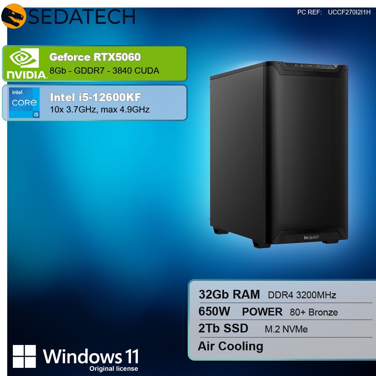 Czarna obudowa komputera z listą specyfikacji po lewej stronie. Widoczne logo Be quiet!