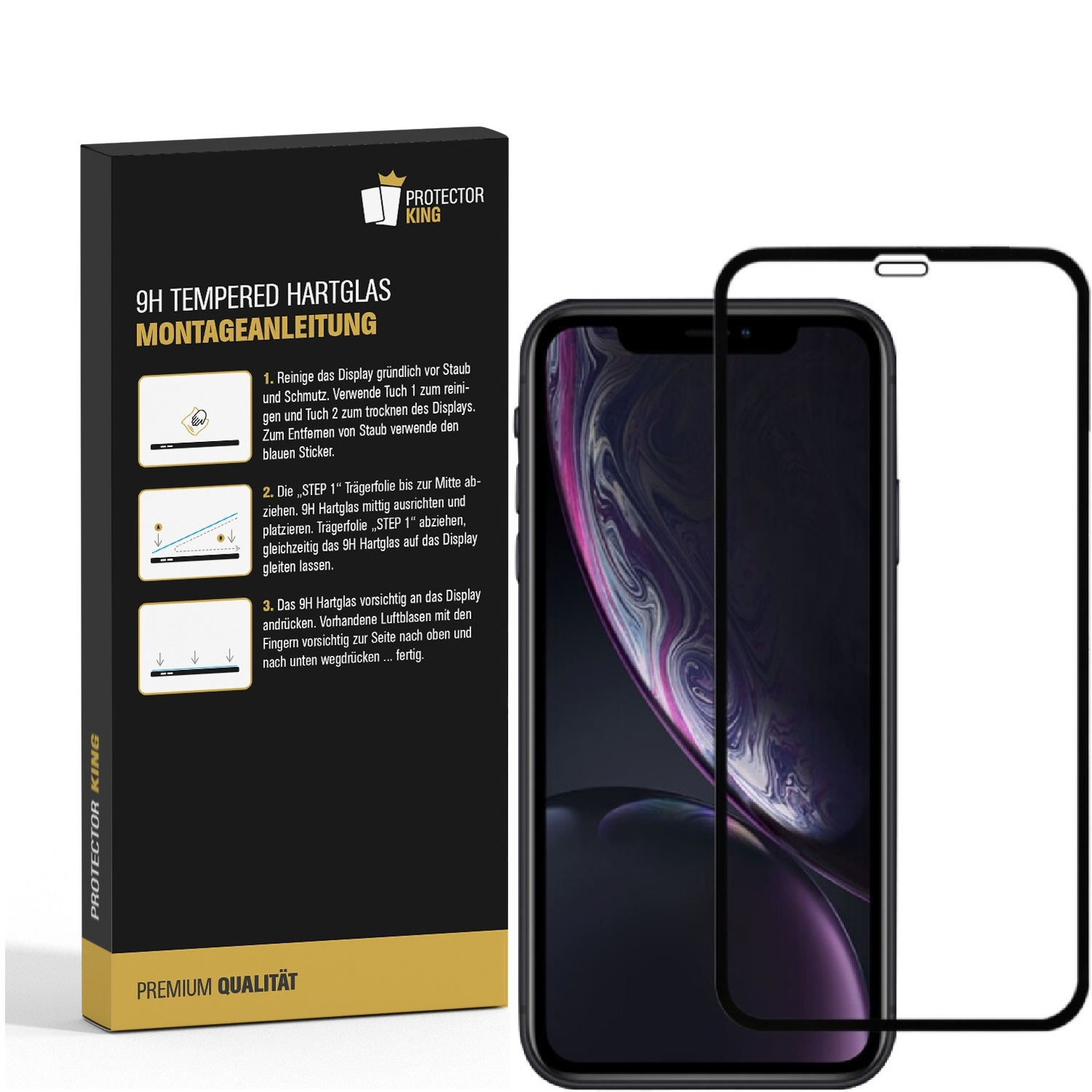Eine schwarze Box mit einem Displayschutz für ein Telefon und das Telefon mit dem Displayschutz.