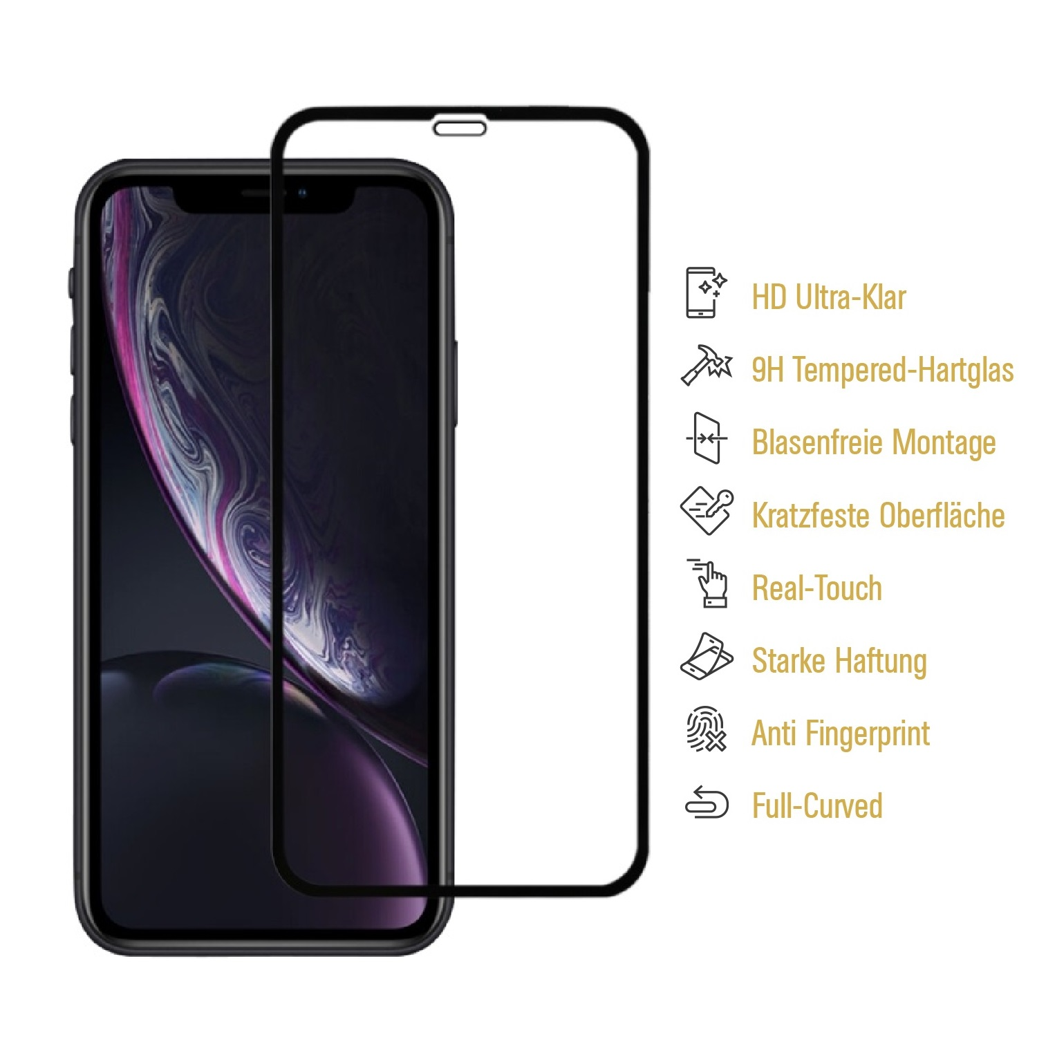 Ein Telefon mit Displayschutzfolie. Der Schutz ist klar und rechts mit Symbolen. Telefon ist schwarz mit einem rosa und weißen Bild.