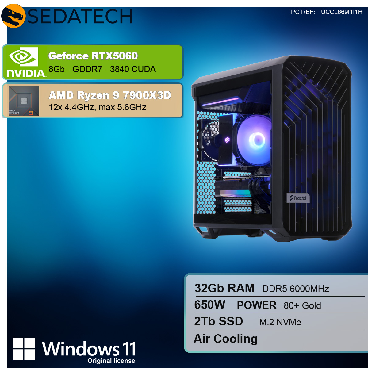 Case nero per computer con illuminazione blu e viola, componenti visibili, e specifiche elencate.