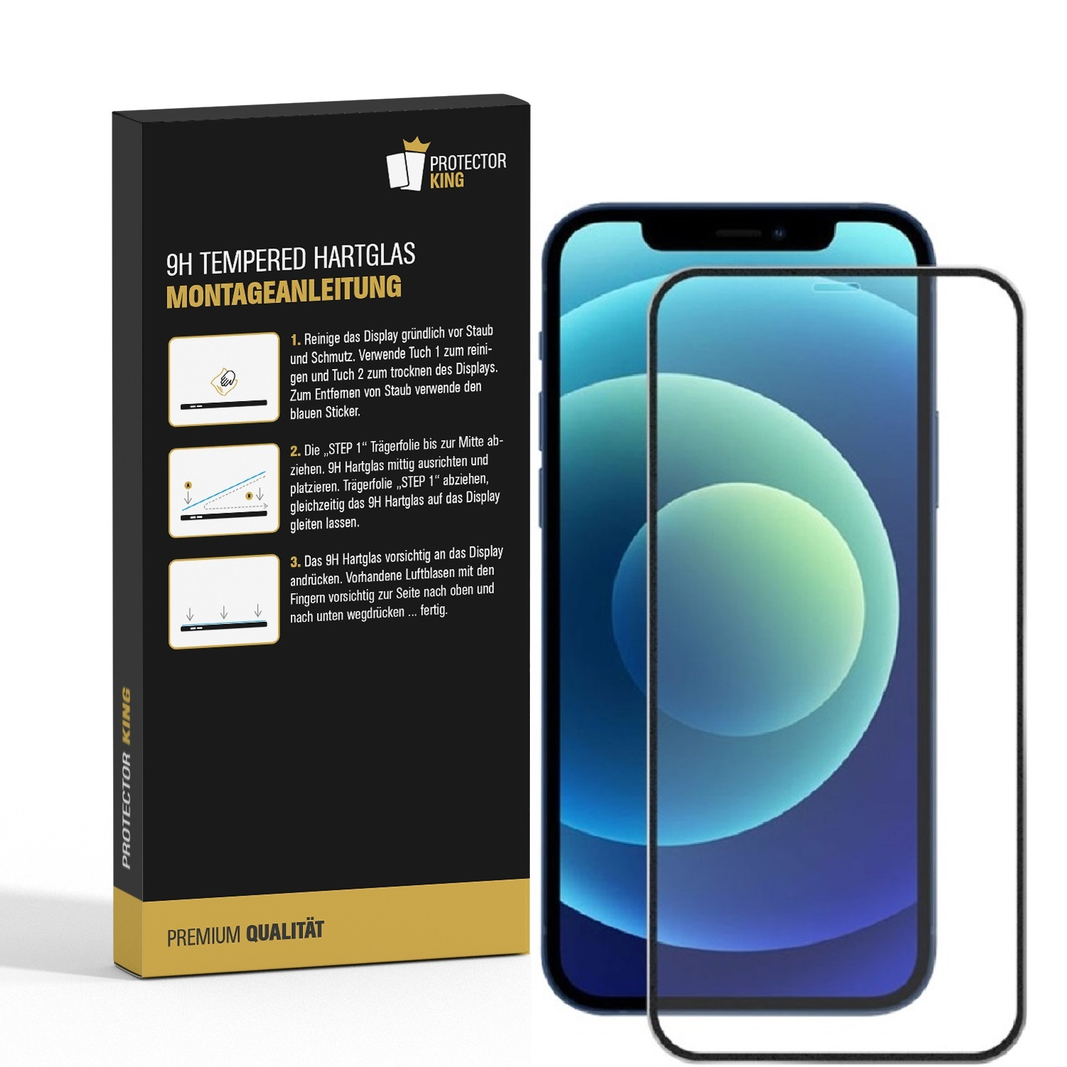 Ein Displayschutz-Kit mit Anleitung. Ein Telefon mit angebrachtem Displayschutz ist abgebildet.