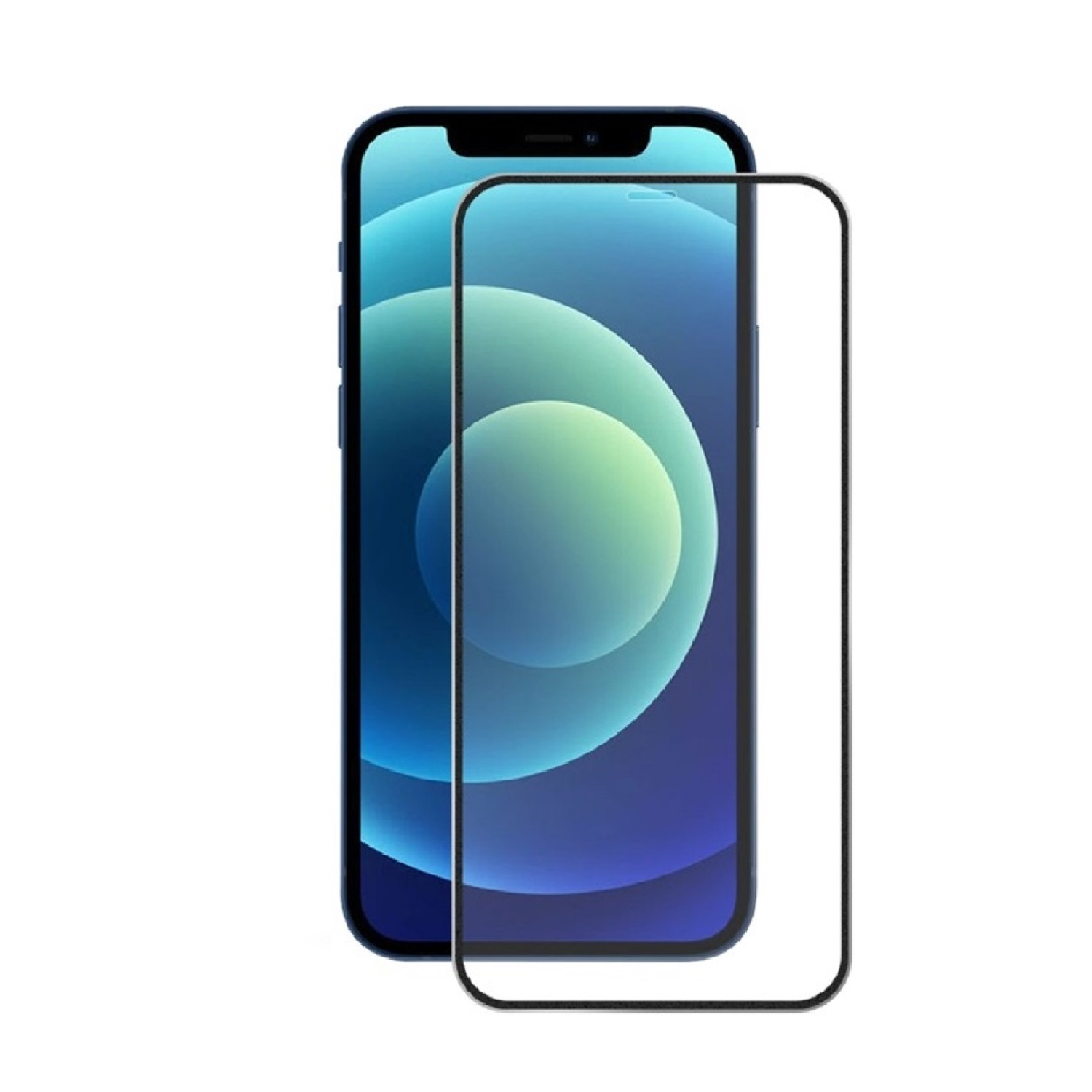 iPhone 12 mit Displayschutzfolie. Das iPhone ist blau mit schwarzem Rahmen. Die Displayschutzfolie ist klar mit schwarzem Rahmen.
