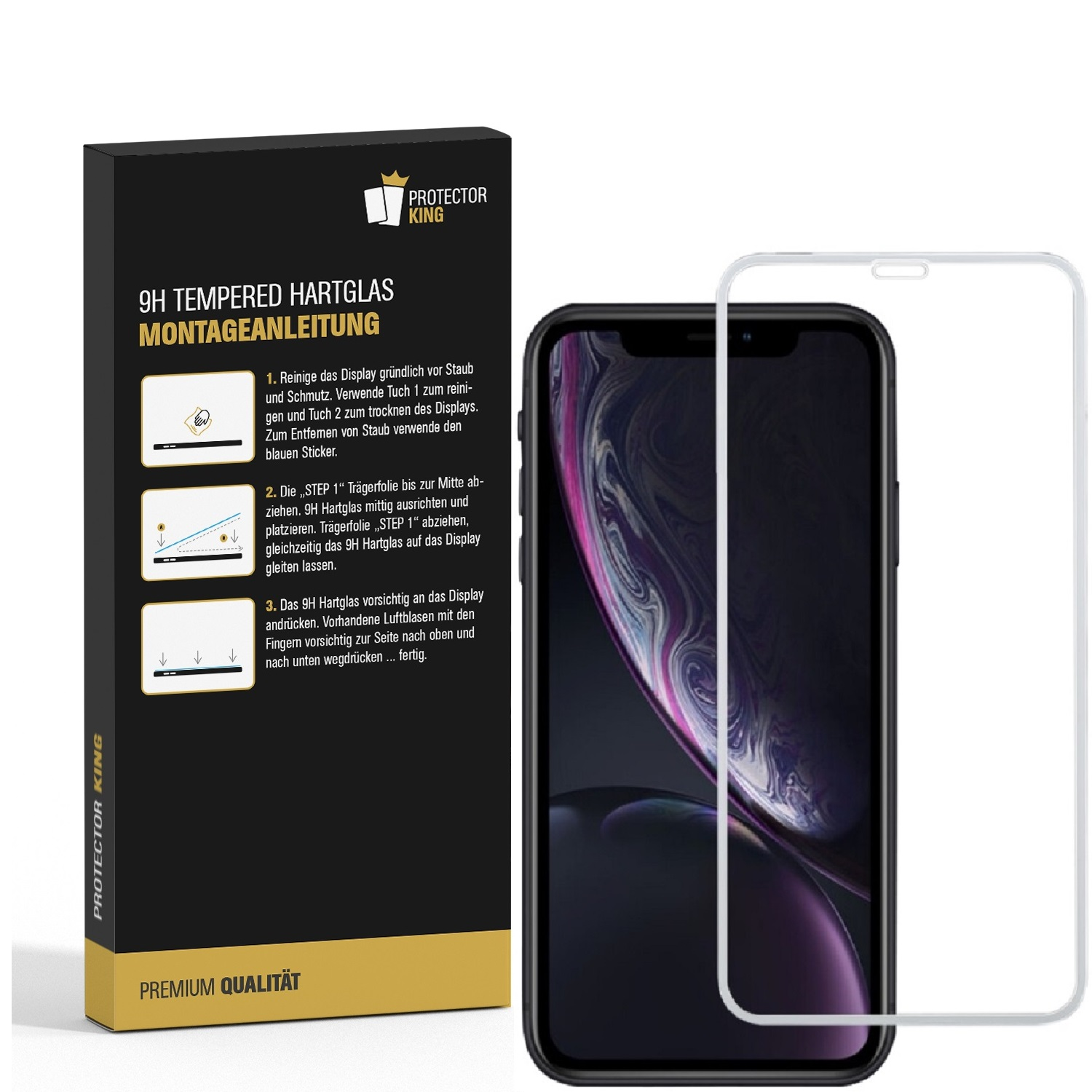 Eine Displayschutzfolienbox und ein Telefon mit aufgebrachter Displayschutzfolie.