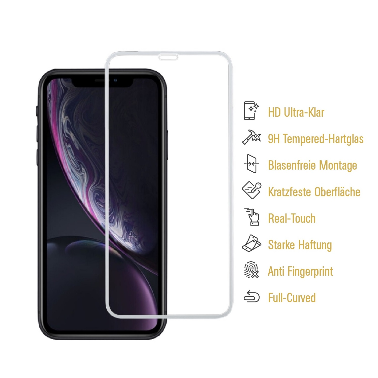 Telefon mit Displayschutz. Merkmale umfassen HD-Klarheit, 9H Glas, Anti-Fingerabdruck und Full-Curve-Abdeckung.