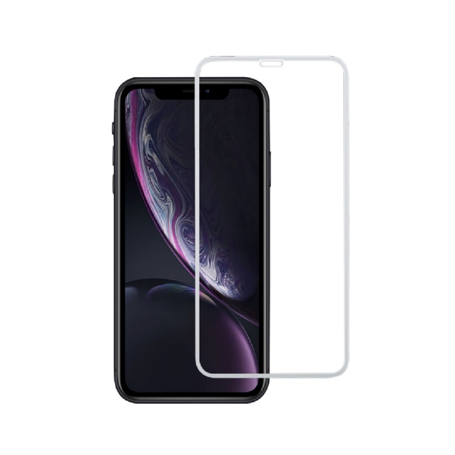 Telefon mit angebrachter Displayschutzfolie, weißer Rahmen um den Bildschirm. Weißer Hintergrund.
