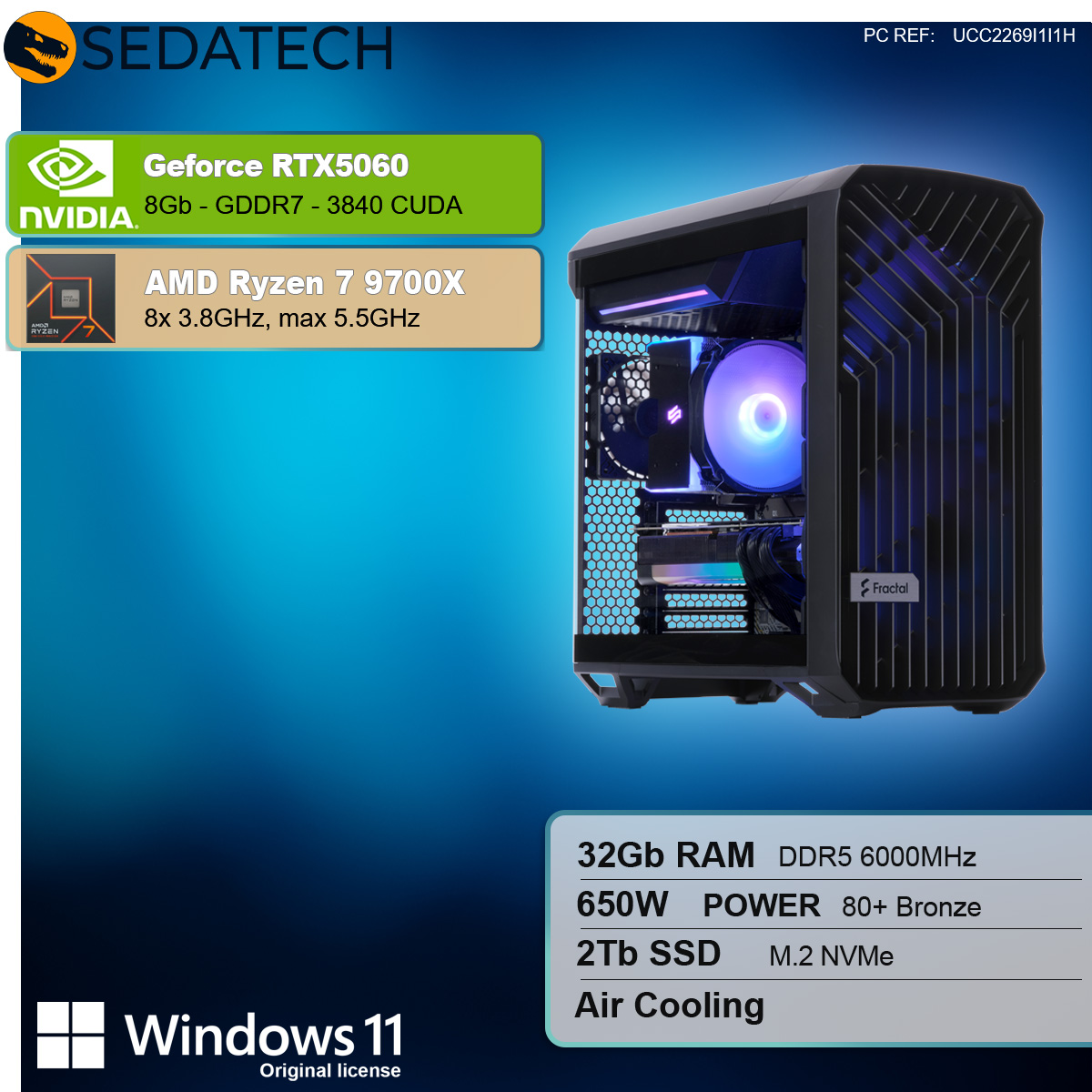 Schwarzes PC-Gehäuse mit Glas, Nvidia GeForce RTX 5060, AMD Ryzen 7 9700X und Windows 11 Logo.