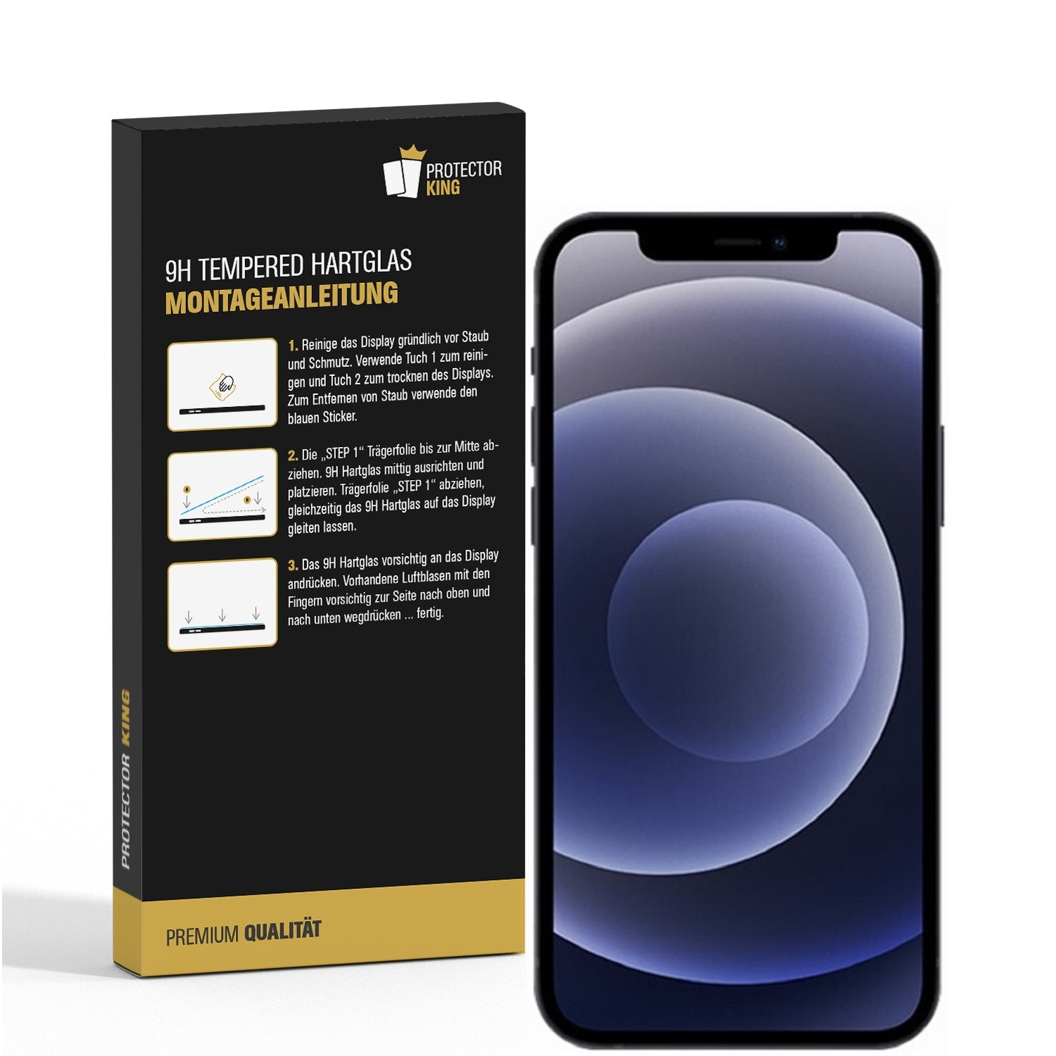 Smartphone mit Displayschutzfolien-Box und Anweisungen. Telefon rechts, Box links. Text auf Box.