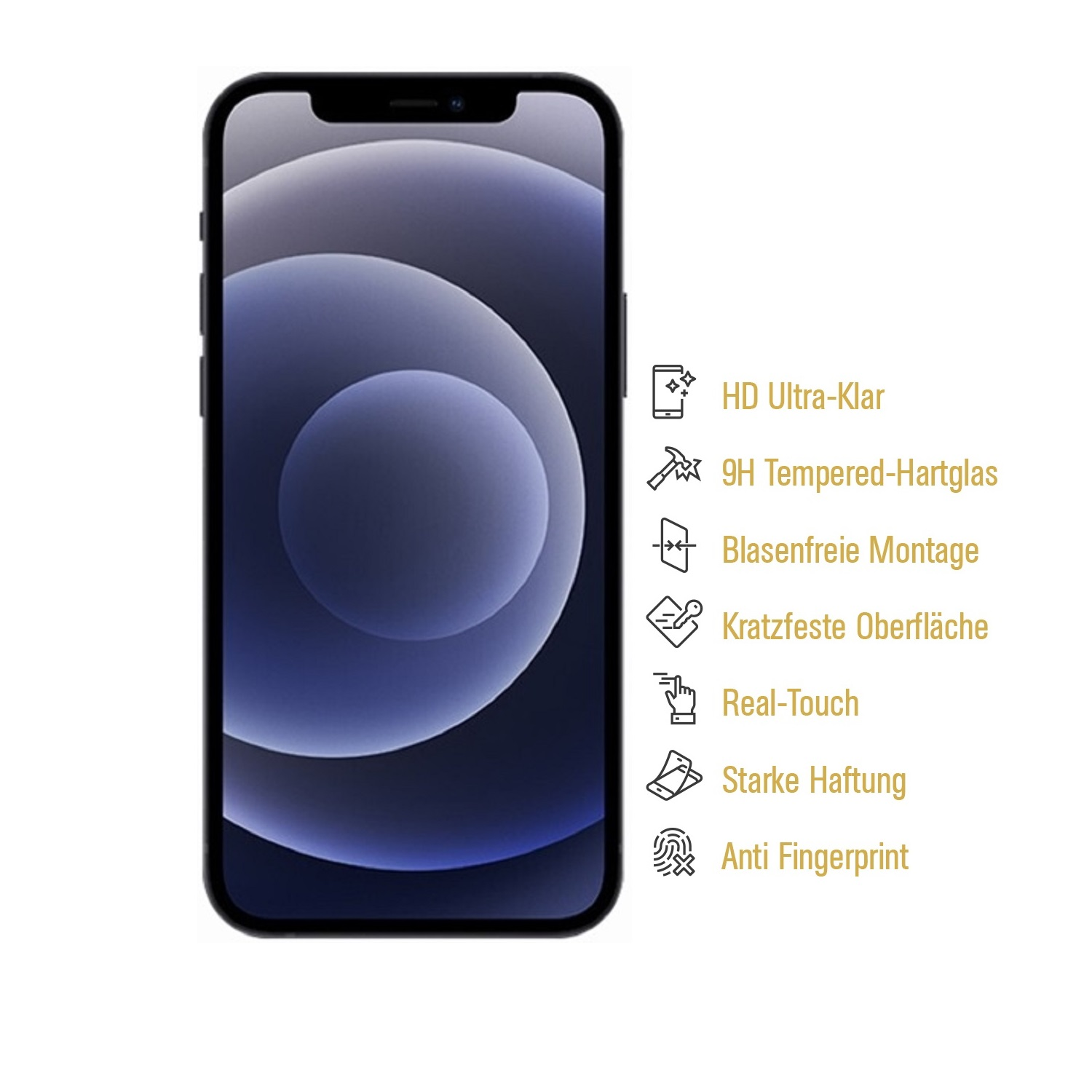 Schwarzes Smartphone mit Bildanzeige, mit Funktionen rechts: HD, gehärtetes Glas, fingerabdruckresistent.