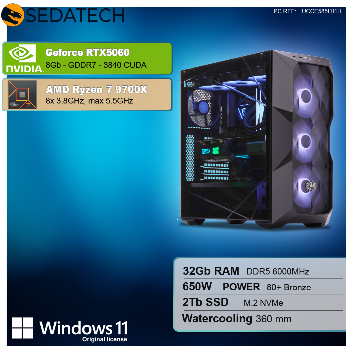 Una carcasa de ordenador con iluminación RGB, panel lateral transparente, con logotipos y especificaciones sobre un fondo degradado.