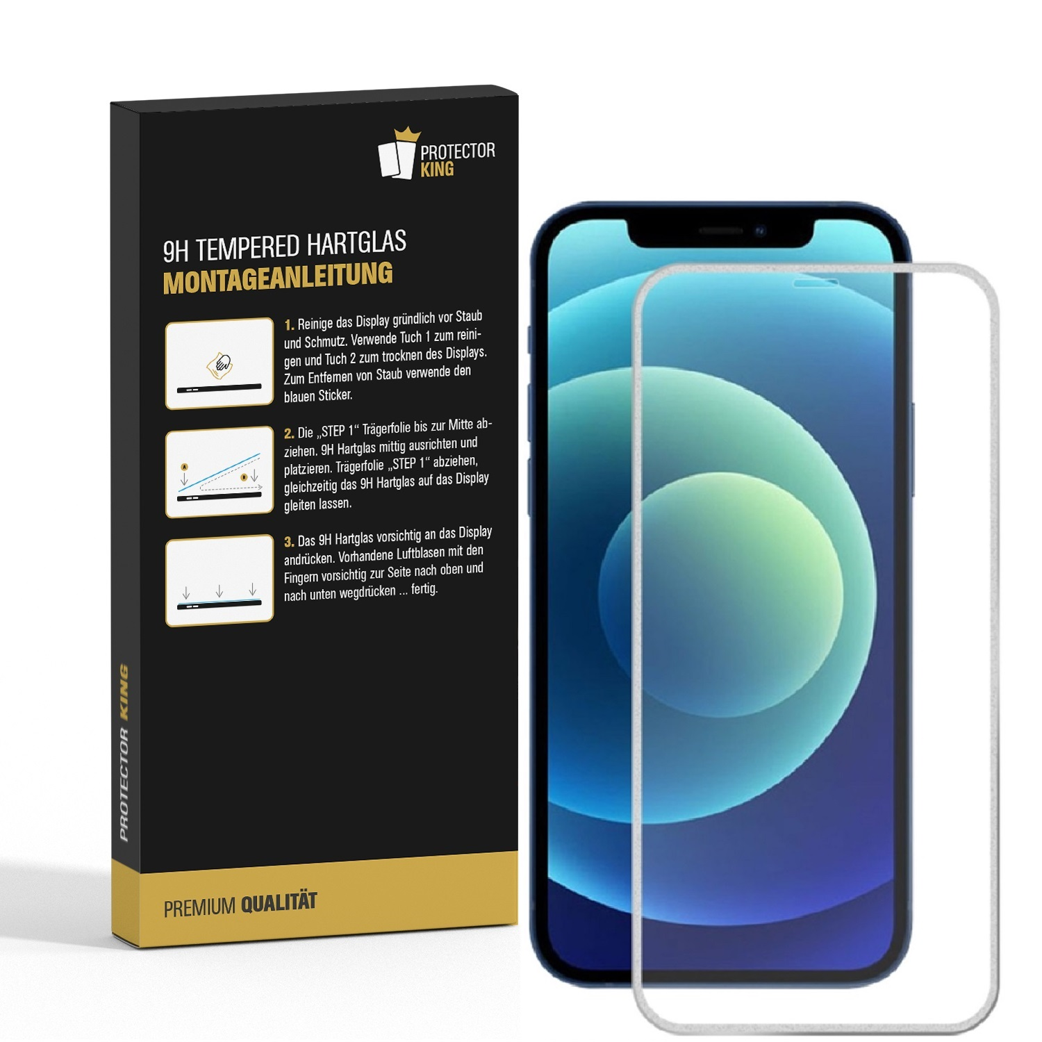 Verpackung und Installationsanleitung für einen Displayschutz auf einem Telefon, mit dem Telefon daneben.