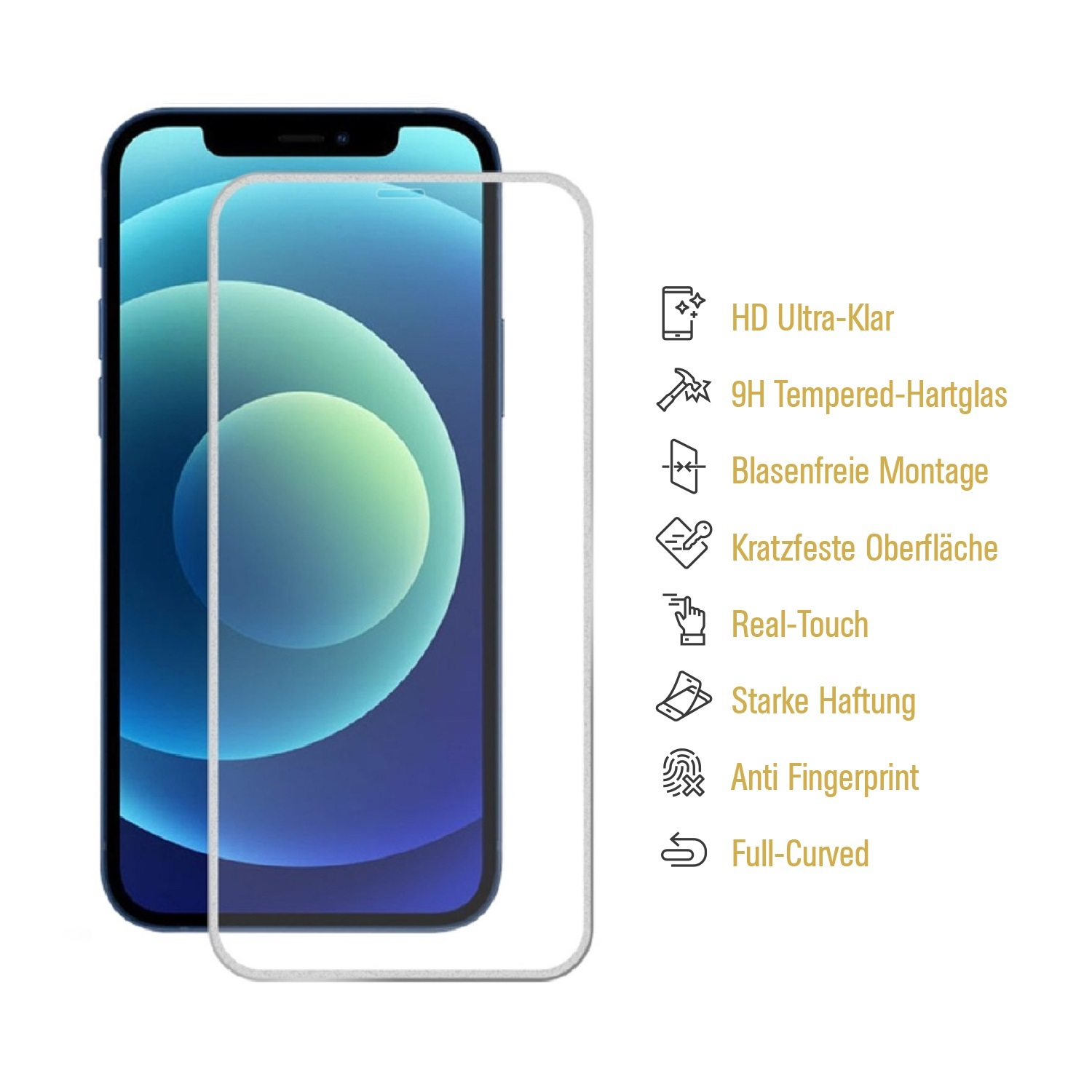 Telefon mit Displayschutz. Auf der rechten Seite sind Merkmale aufgelistet. HD Ultra-Klar, 9H gehärtetes Glas, Anti-Fingerprint usw.