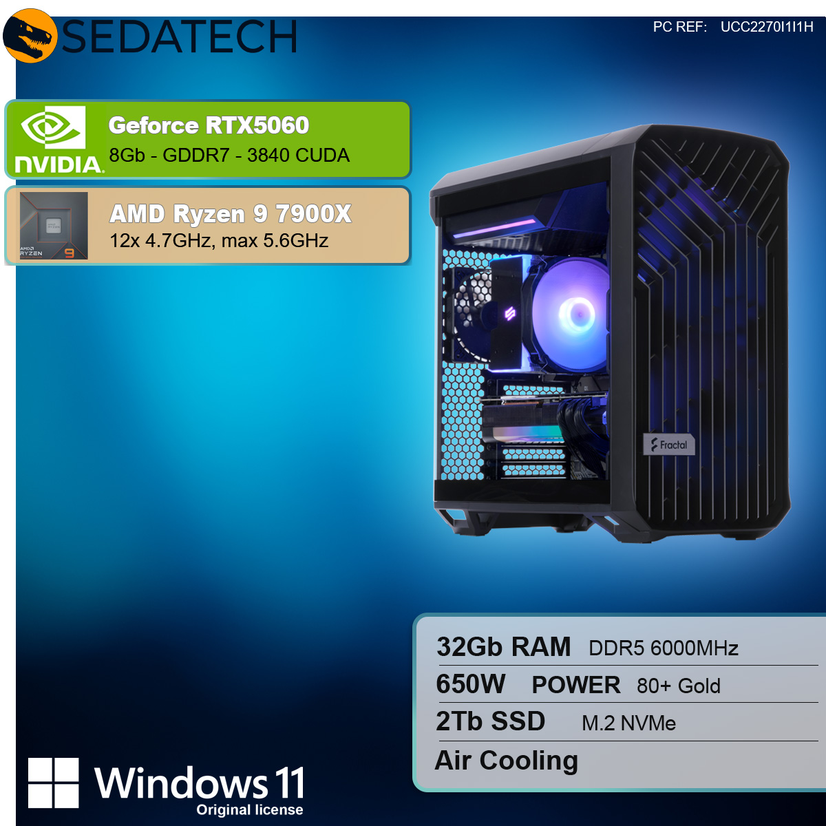 Ein Computer-Tower mit Nvidia-Grafik und AMD Ryzen 9-Prozessor, plus Spezifikationen.