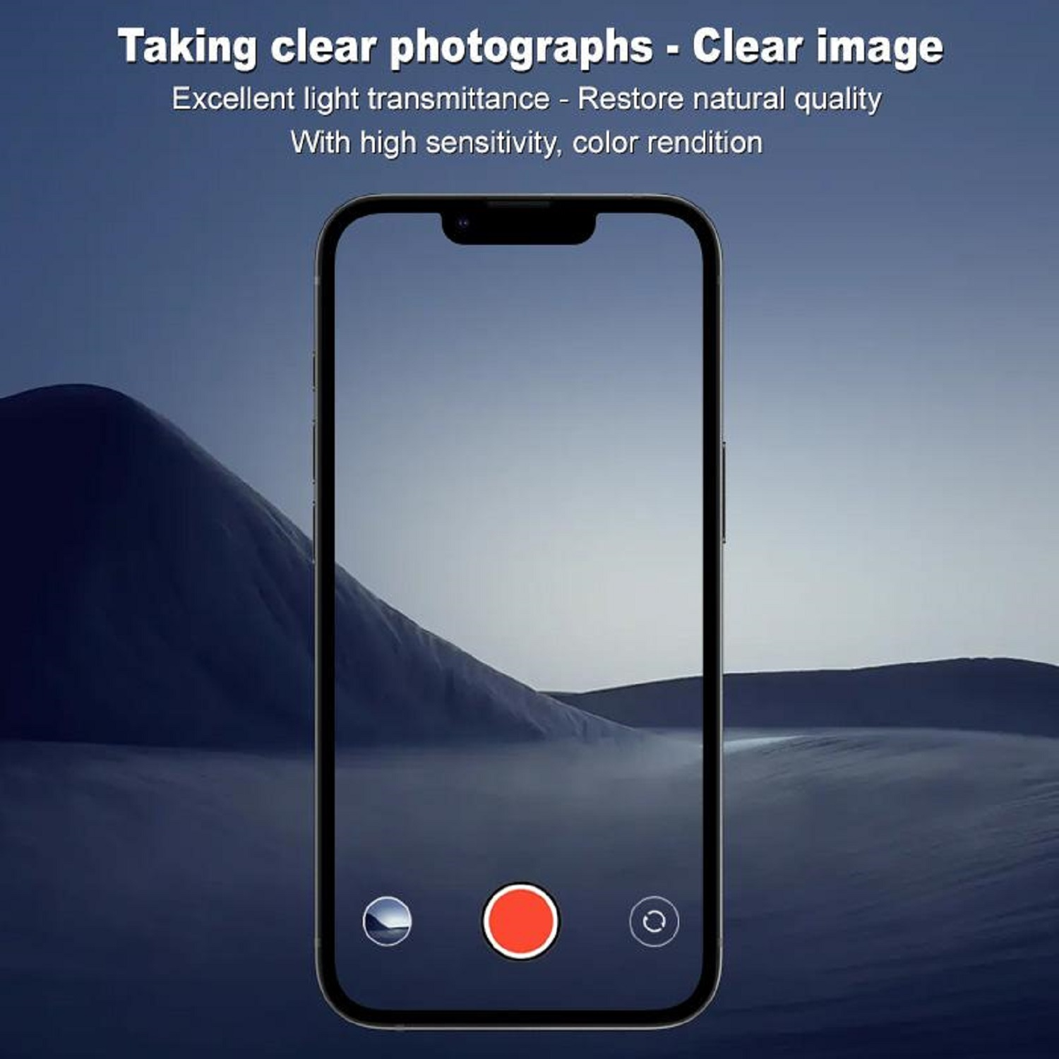 Ein Smartphone-Bildschirm zeigt eine Aufnahmeoberfläche mit roter Aufnahmetaste und Symbolen.
