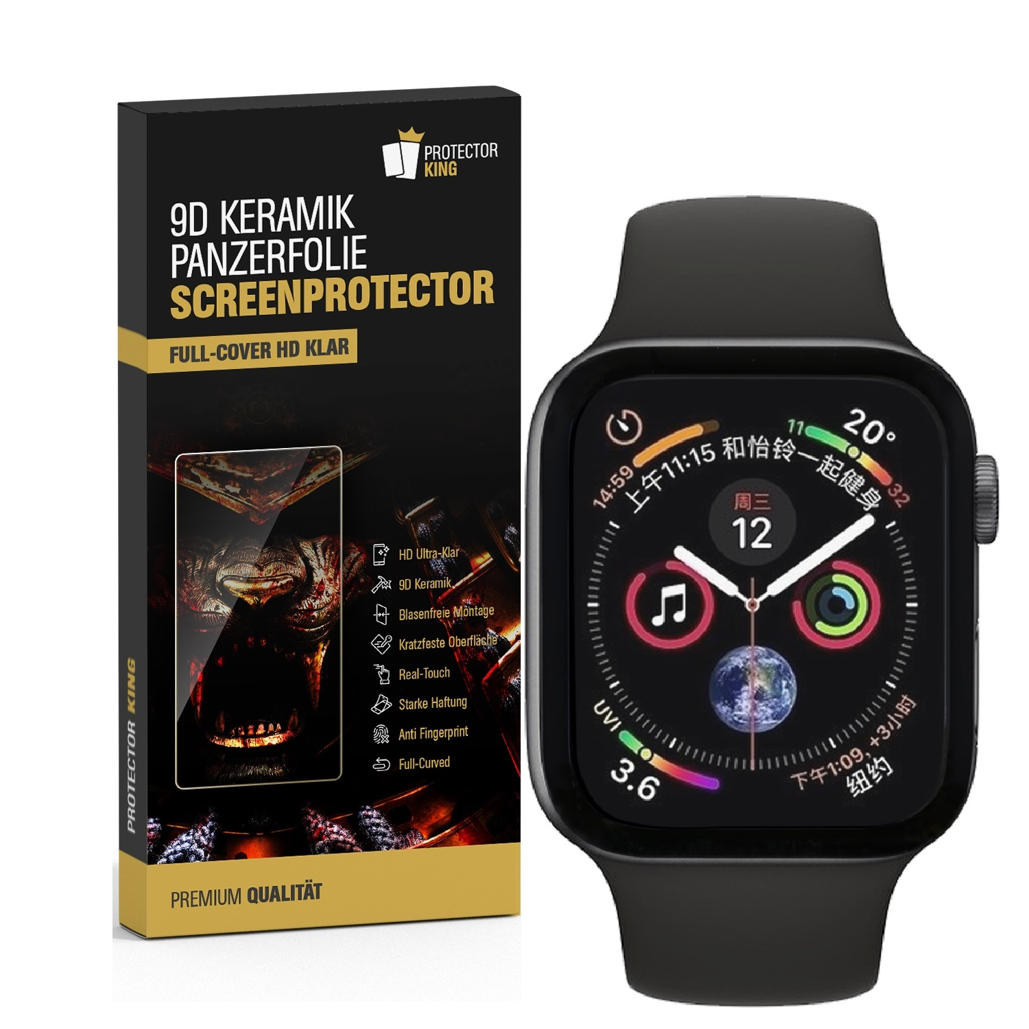 Eine schwarze Apple Watch mit einer Displayschutzfolienbox. Die Uhr zeigt Zeit- und Gesundheitsdaten an.