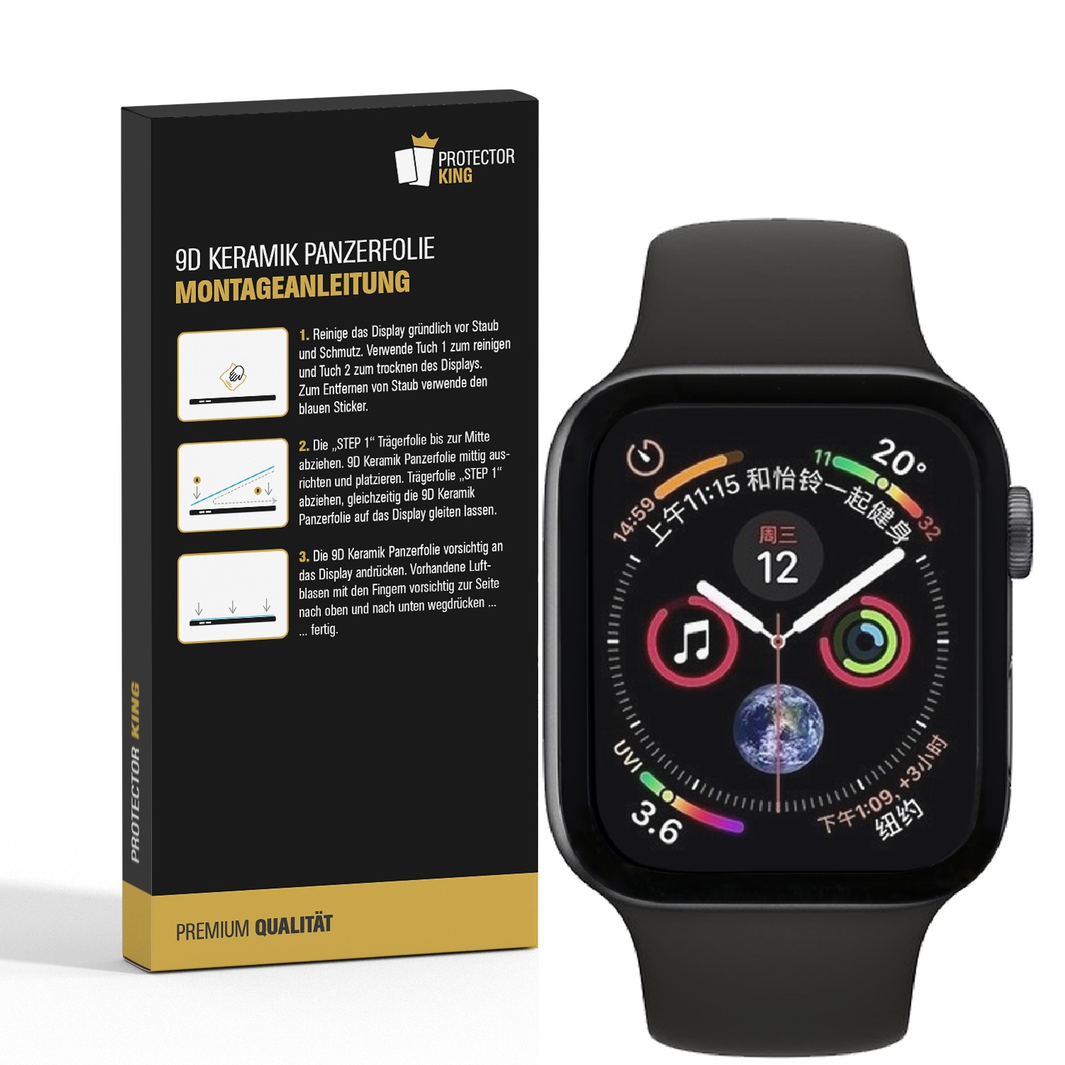 Schwarze Apple Watch mit Anweisungen und einer Displayschutzfolienbox. Uhr zeigt Zeit und Datum.