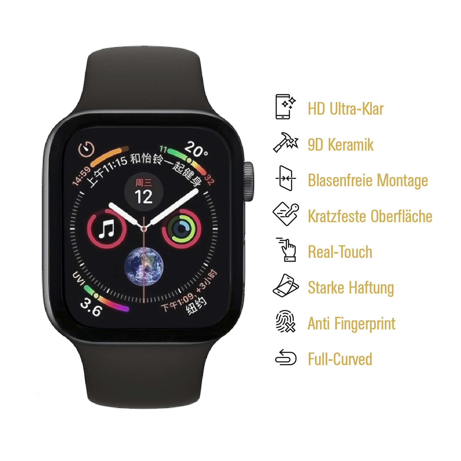 Schwarze Smartwatch zeigt Zeit und Fitnessdaten. Textbezeichnungen beschreiben Funktionen, einschließlich HD, Keramik und Anti-Fingerprint.