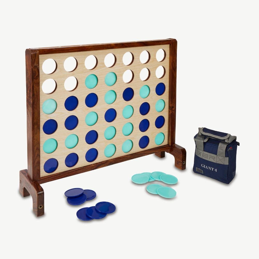 Riesenspiel mit Holzrahmen, blau/türkis Chips und einer Tragetasche.