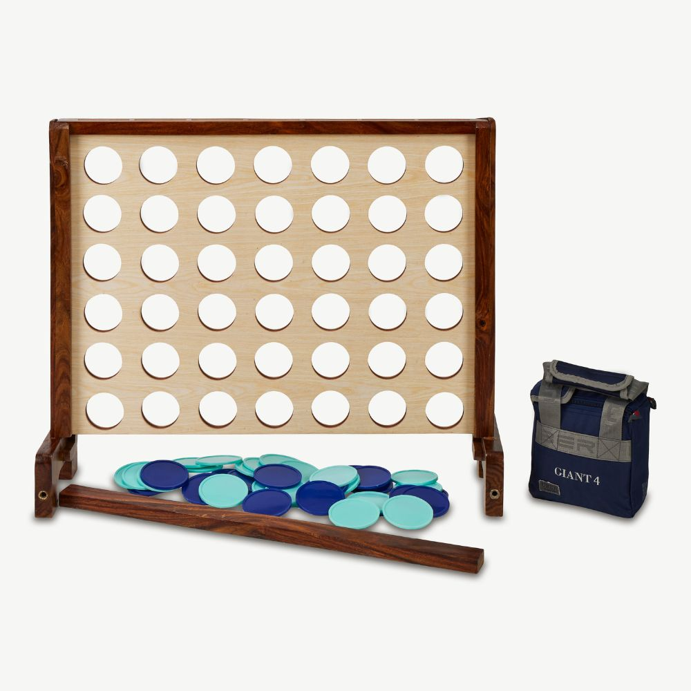 Riesenspiel mit Holzrahmen, blau/türkis Chips und einer Tragetasche.
